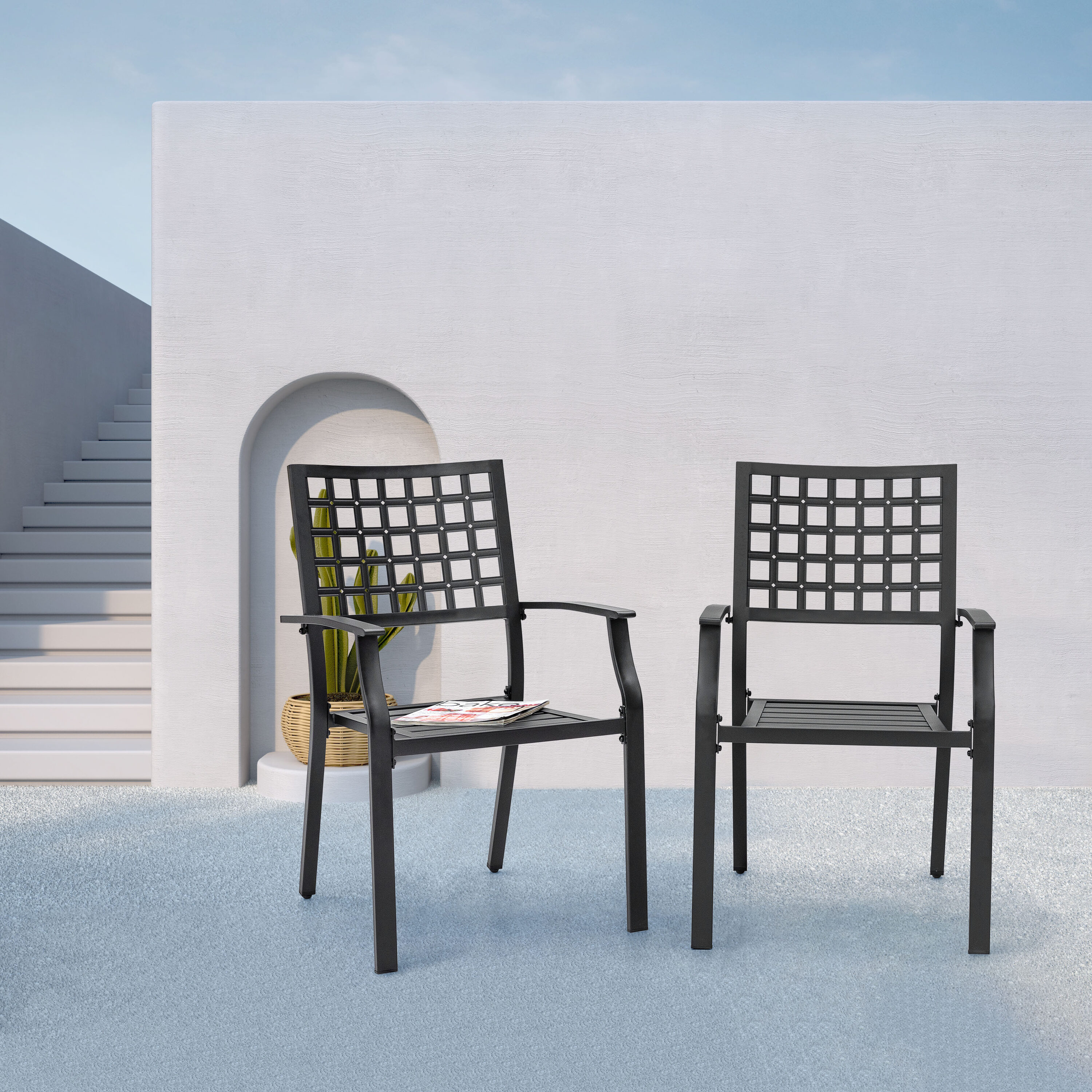 Nuu Garden DB134-02 Patio Chairs Set of 2 Stackable Black Iron Frame Stationary Dining Chair with Solid Seat