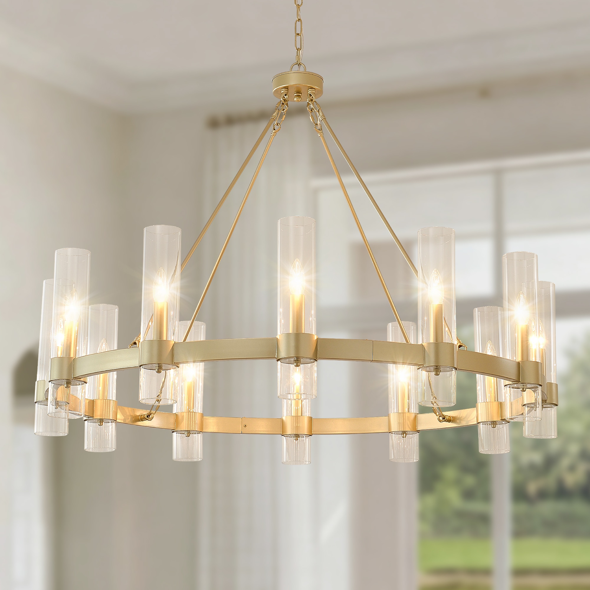 Zitrend 46-in Gold Wagon Wheel Chandelier 12-Light Clear Glass Farmhouse Fixture for Dining Room Foyer Living Room and High Ceilings