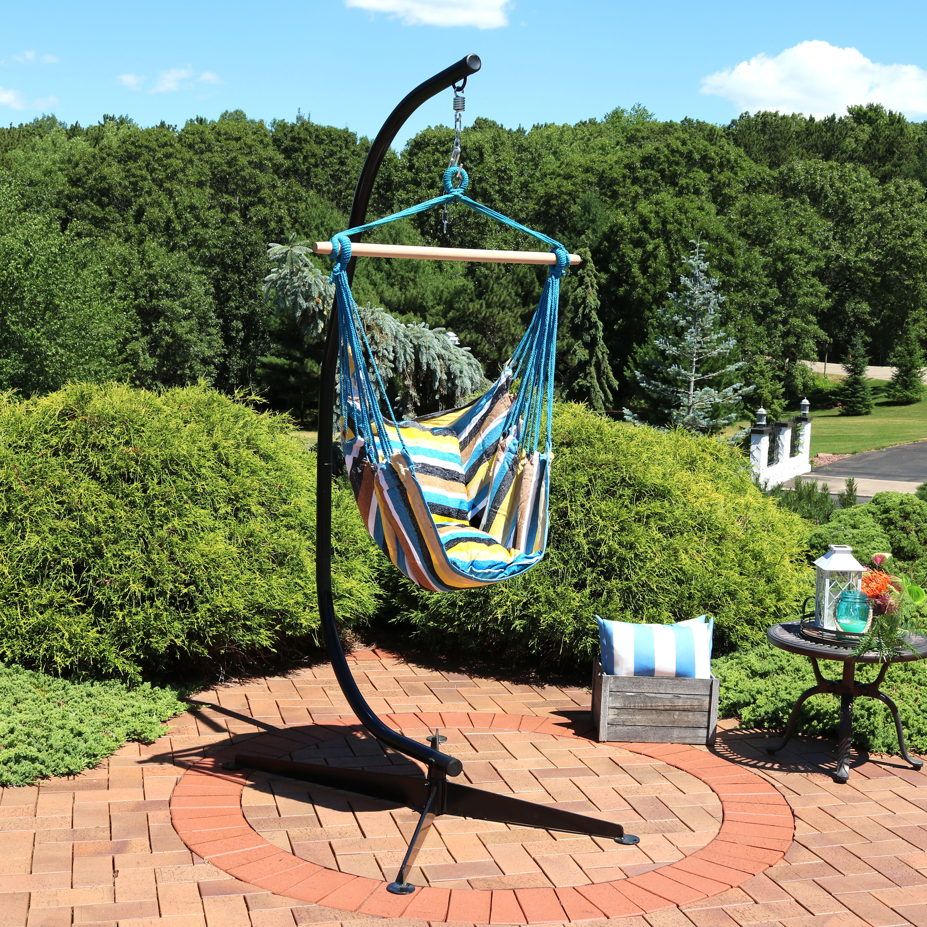 Sunnydaze Decor LY-HCS-OV-COMBO Sunnydaze Hanging Hammock Chair Swing and C-Stand Set Ocean View Fabric Hammock chair with Stand