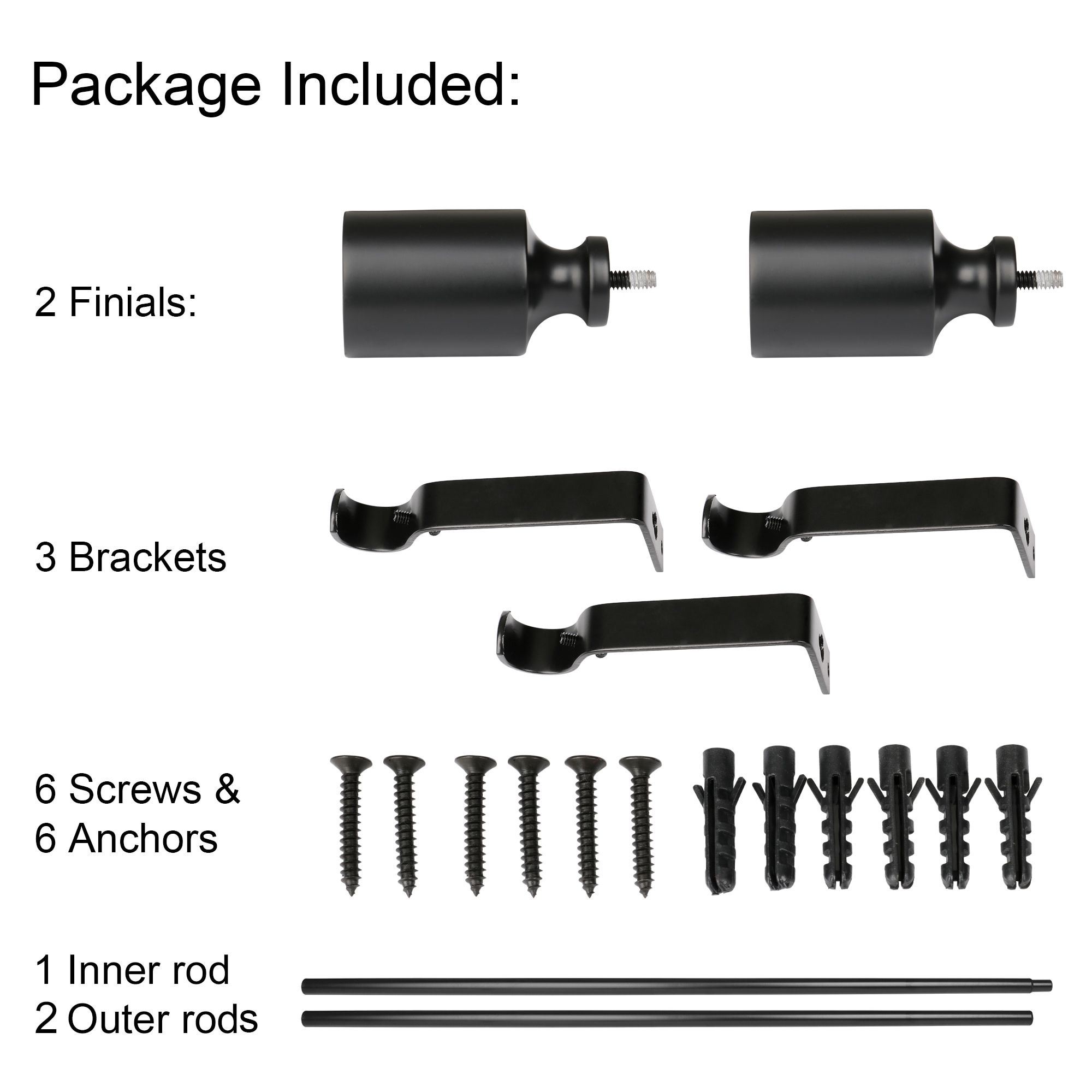 Adjustable Black Metal Curtain Rod with Decorative Finials, 86-120 Inch