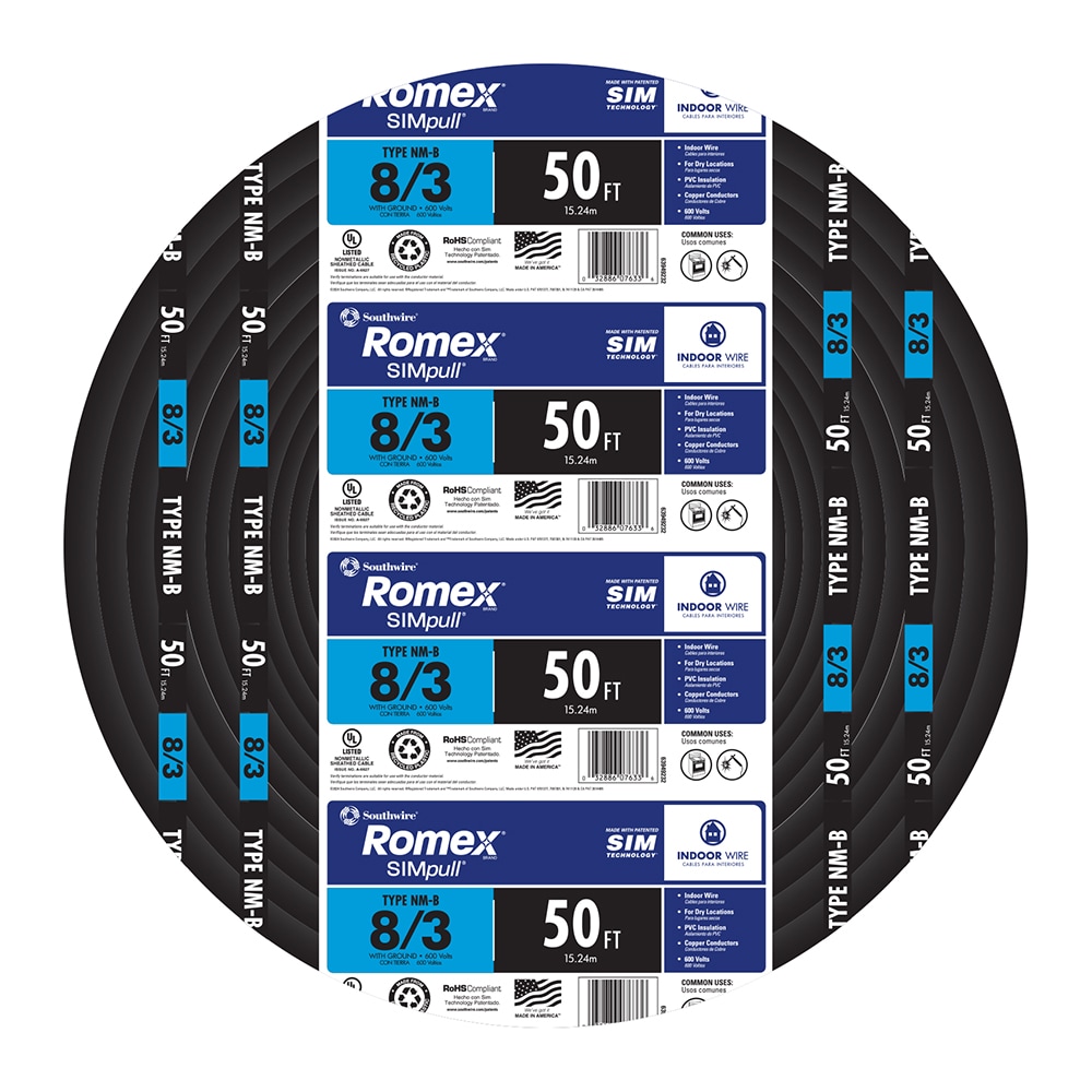 Southwire 63949232 50-ft 8 / 3 / Romex SIMpull Stranded Indoor CU NM-B W/G Individual pack ( By-the-roll )