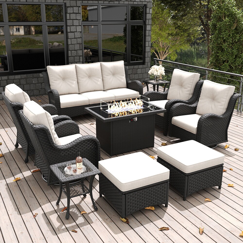 LayinSun FP6003AB-HEBEIGE-10P 10 -Piece Outdoor Rattan Patio Conversation Set with Fire Pit and Beige Cushions