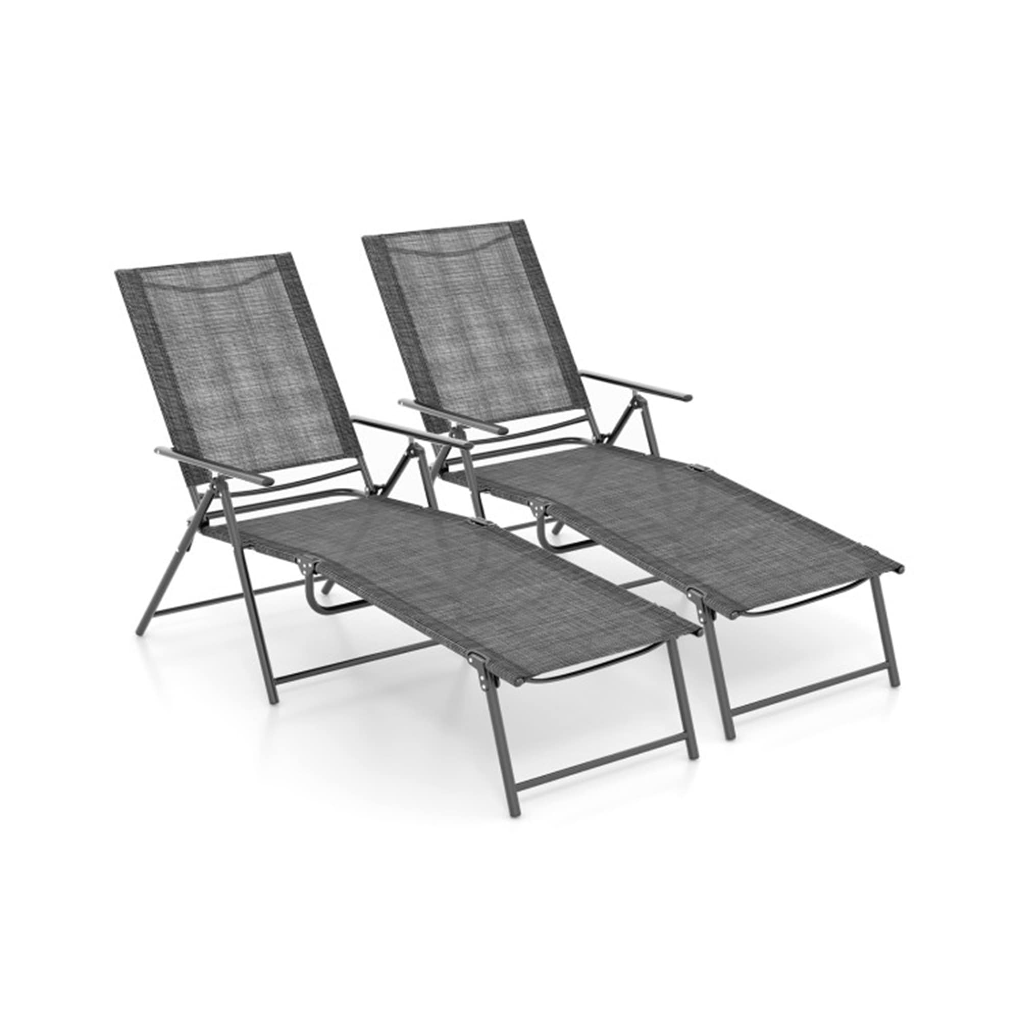 Gray Metal and Fabric Folding Outdoor Chaise Lounge Chairs with Adjustable Backrest