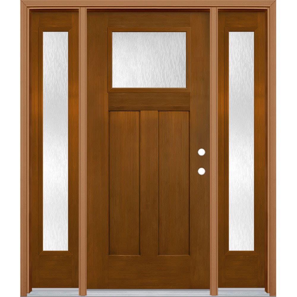 Masonite 627279 64-in x 80-in x Fiberglass Craftsman Left-hand inswing Woodhaven Stained Prehung Front Door with Sidelights with Brickmould Insulating core