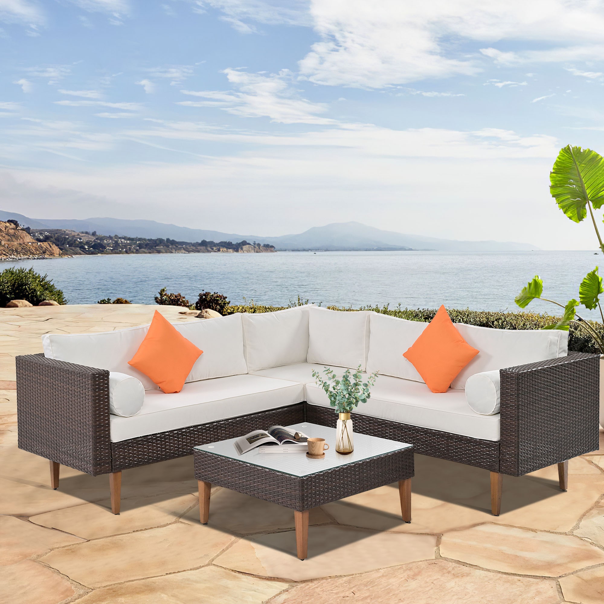 ModernLuxe L-FG201221AAA 4-pieces Outdoor Wicker Sofa Set Wicker Outdoor Sofa with Off-white Cushions and Wicker Frame