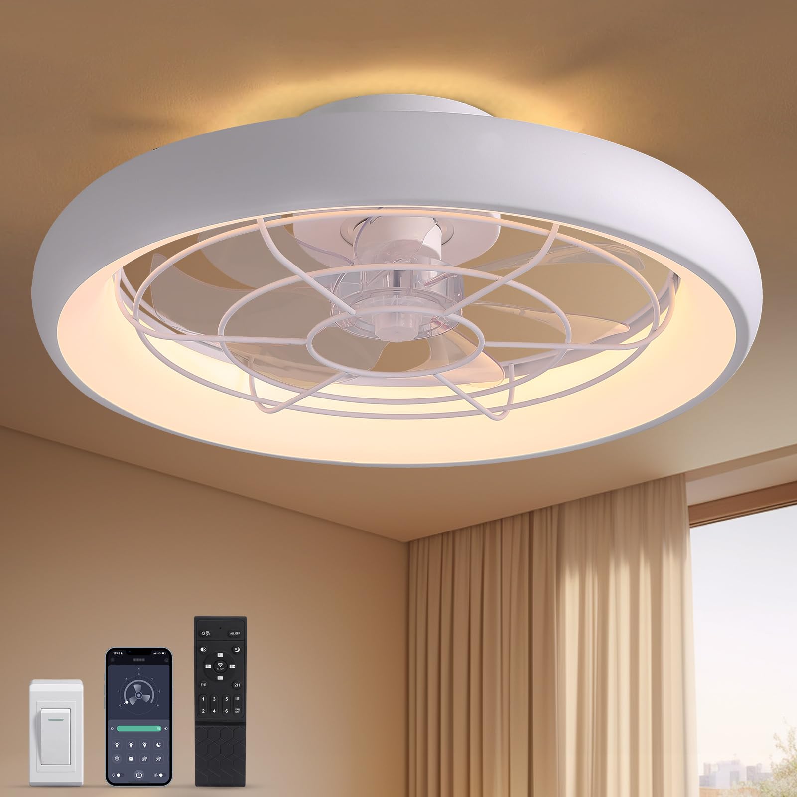 SILJOY FS6909-01 Flush mount Ceiling Fan with Light and Remote Control Include