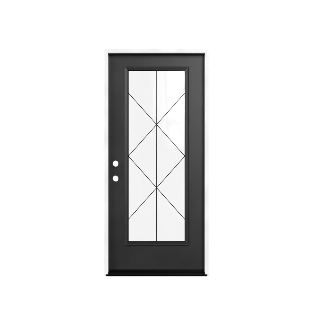 Masonite 641738 M-Protect Tagus Glass 36-in x 80-in x Fiberglass Full lite Right-hand inswing Peppercorn Painted Prehung Slab Front Door with Brickmould Solid core