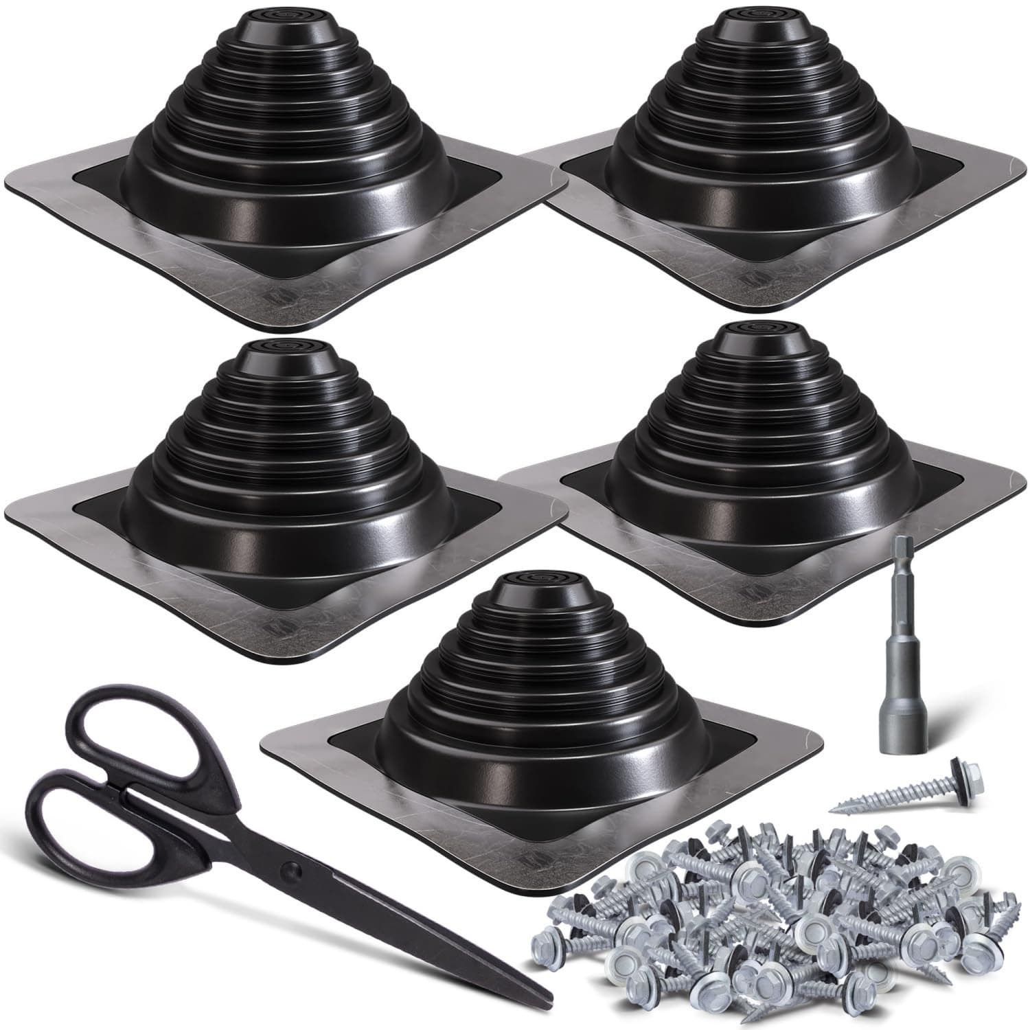 Angel Sar 5-Pack 1/4-in to 5-in Black Roof Pipe Flashing Boot Kit with Screws for Chimneys Exhaust Vents Woodstoves Pipe Openings