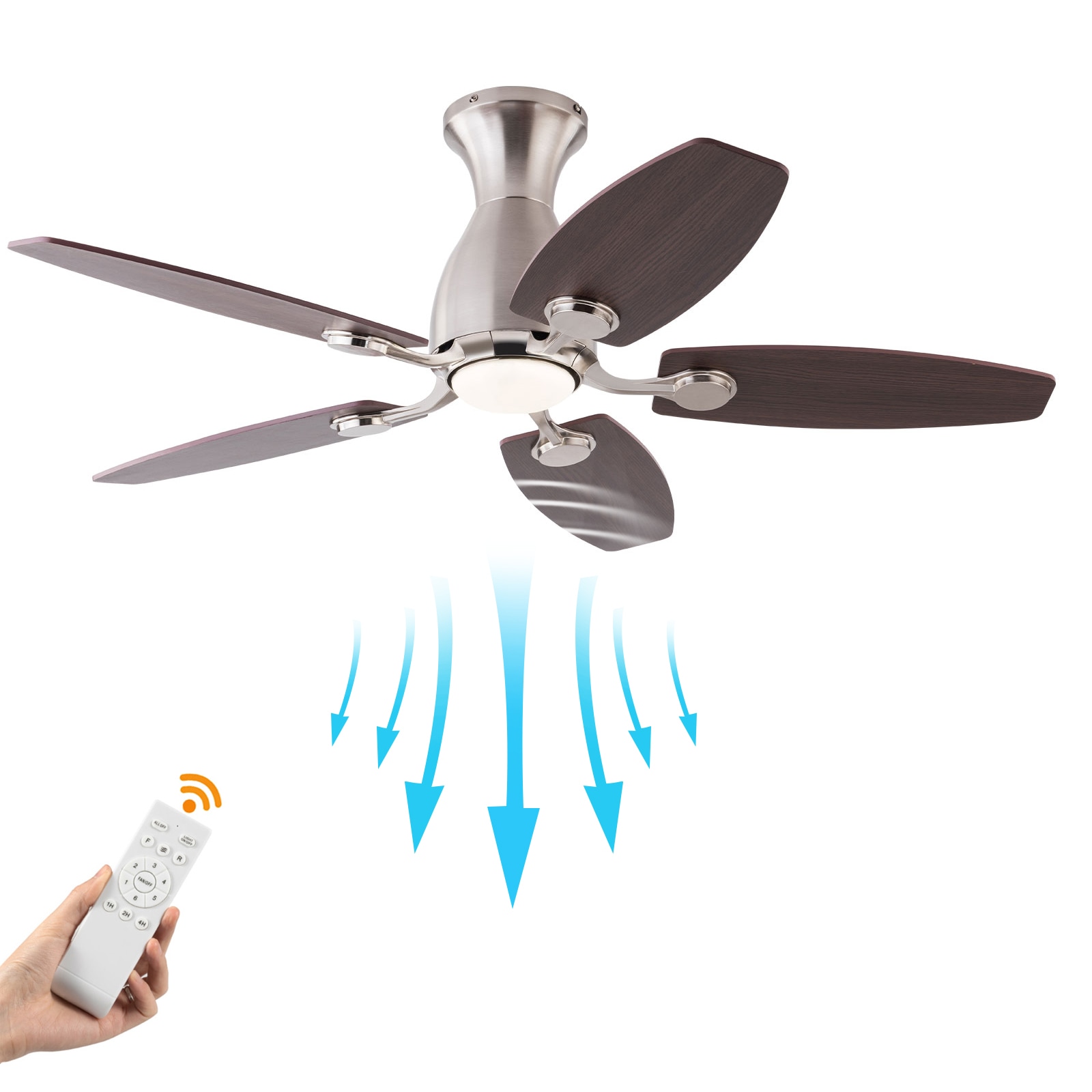Oukaning JZUCOD-00440099 42-in Color-Changing Flush Mount Silver with Wood Blades Fandelier Ceiling Fan With Light and Remote ( 5 -Blade )