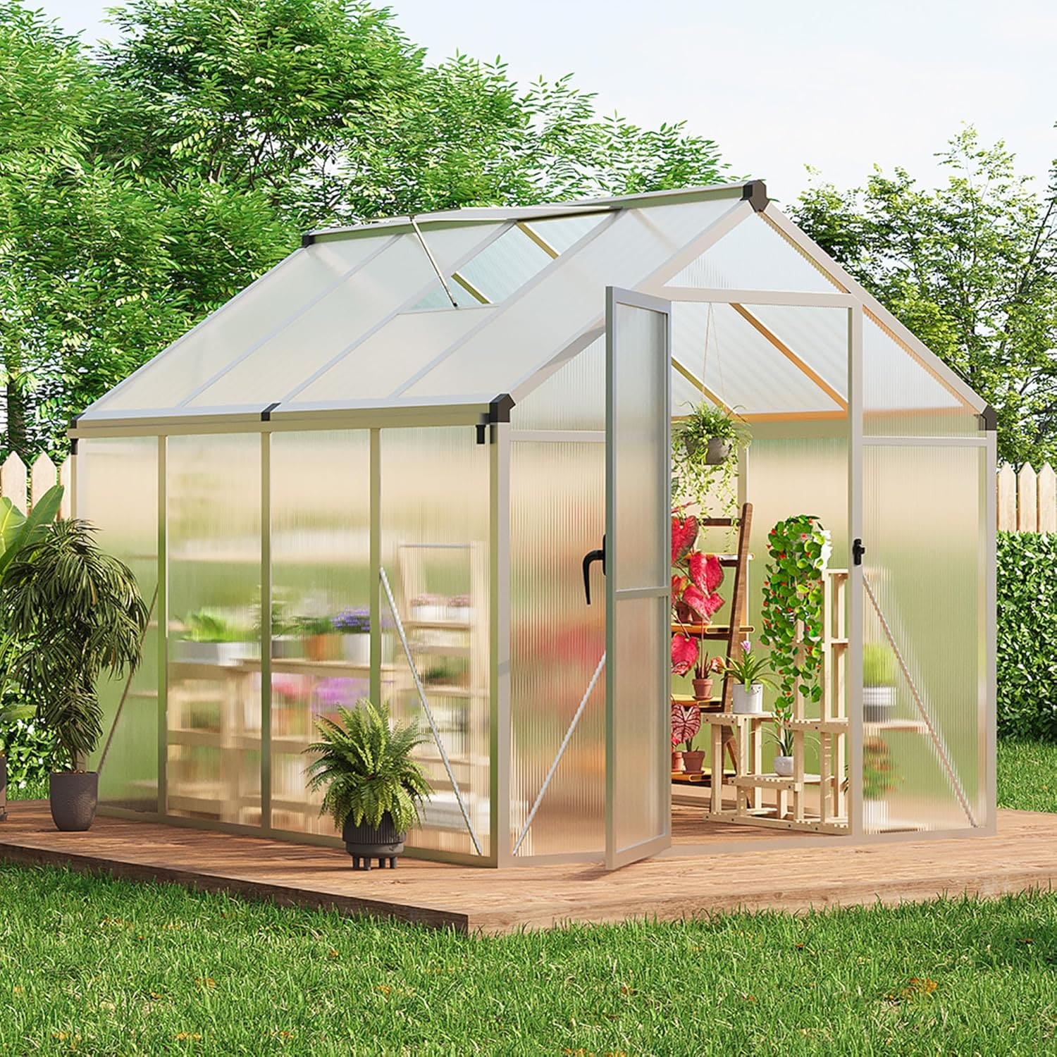 Qeetex QET-GH-WK09 6 x 8 FT Greenhouse Greenhouses for Outside Polycarbonate Greenhouse with Aluminum Frame Lockable Door and Ajustable Roof Vent for Backyard Green Houses for Outside Garden Backyard Patio
