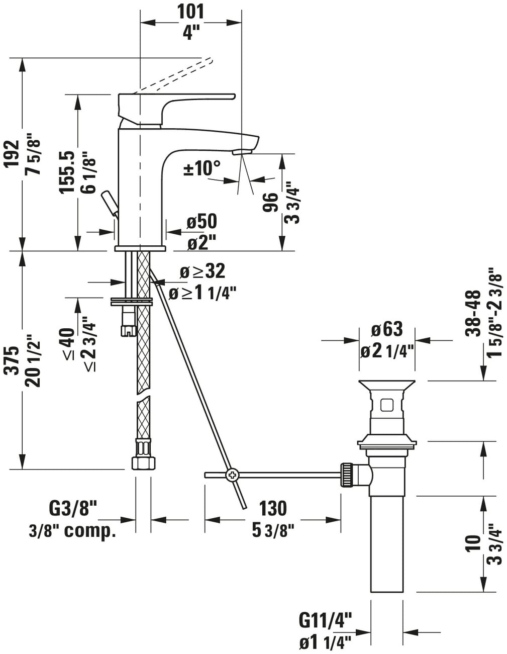 B.1 Series Chrome Single Hole Bathroom Faucet with Metal Drain