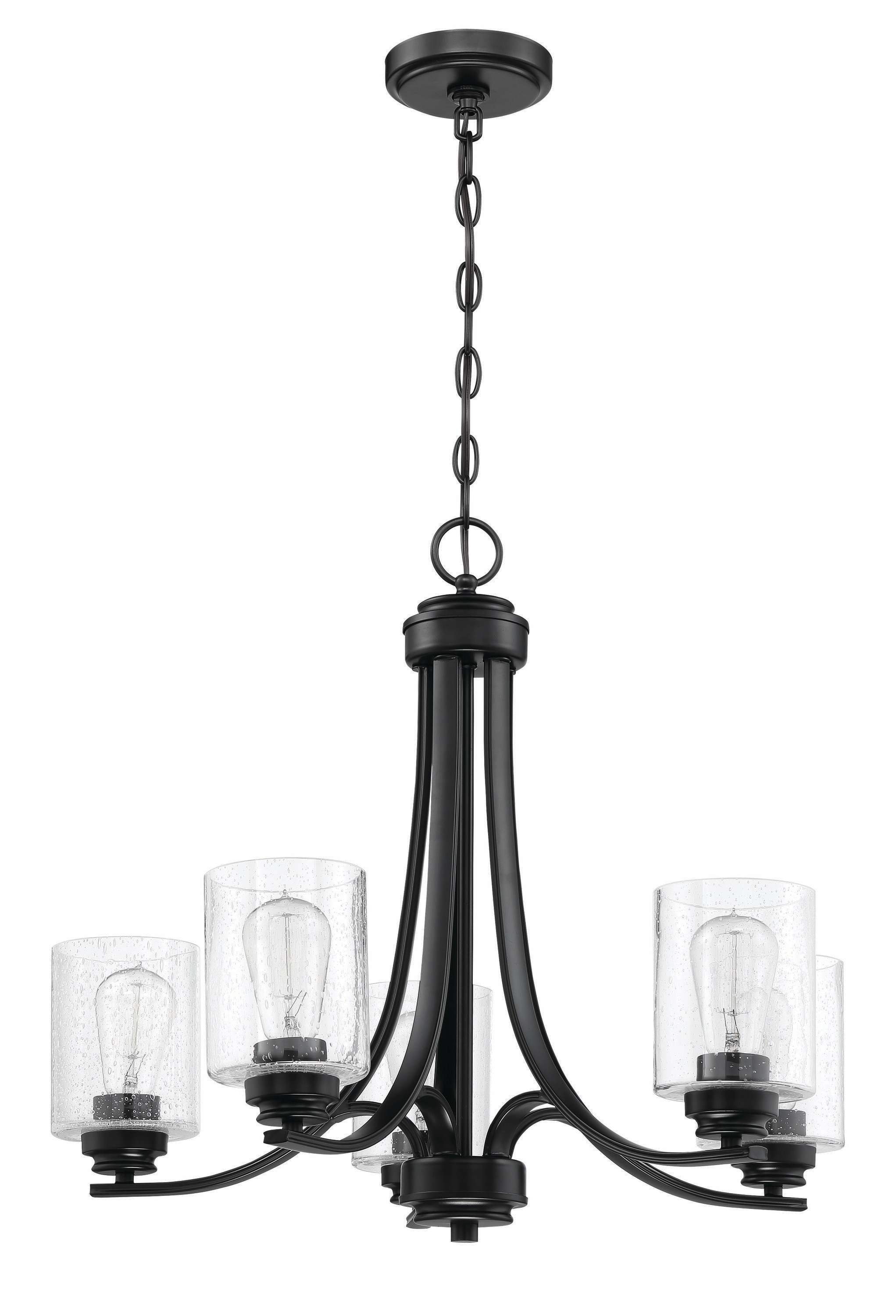 Flat Black and Clear Seeded Glass 5-Light Chandelier