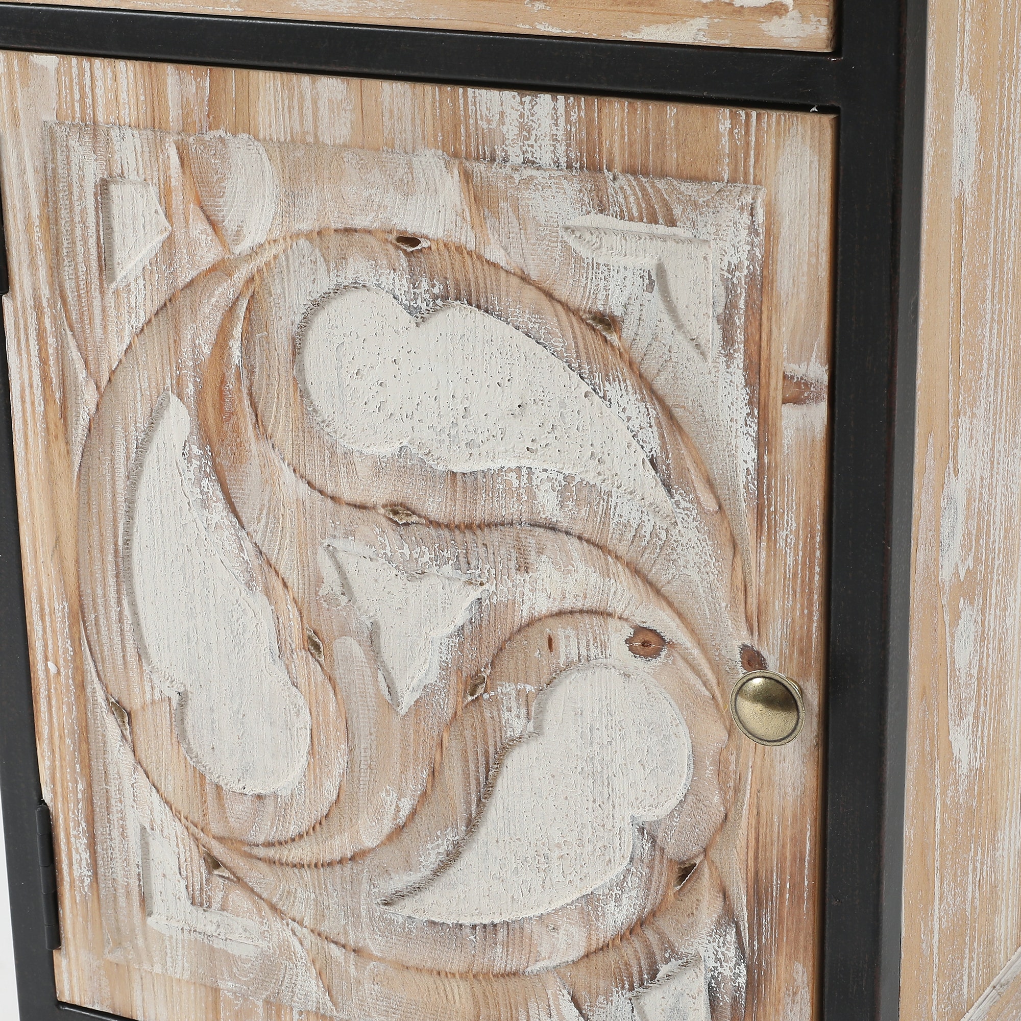 White Fir Wood and Black Iron Bohemian Nightstand with Storage