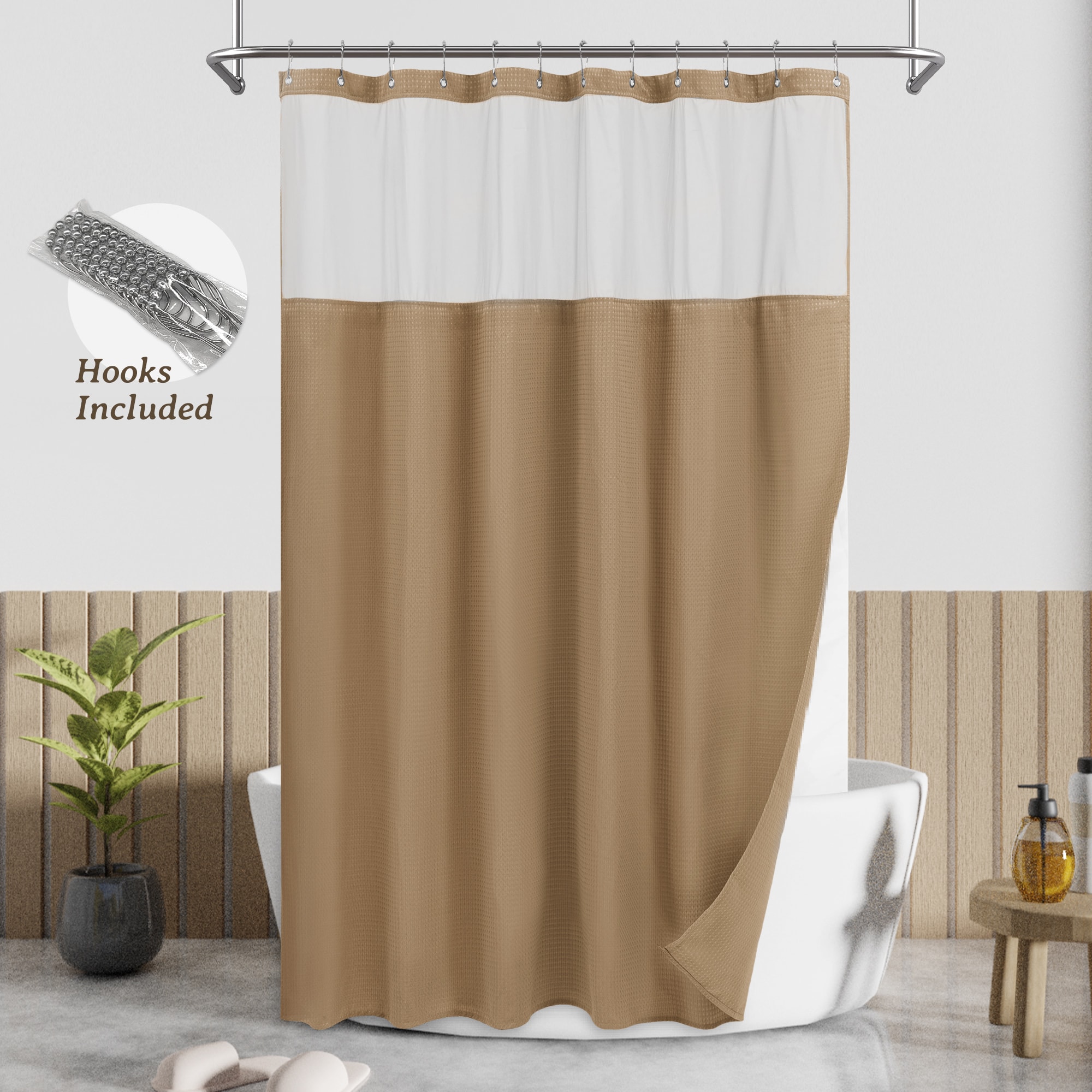 Awesome Home Hooks Included 71-in W x 72-in L Coffee Dobby Waffle Polyester Shower Curtain with Snap-in Liner