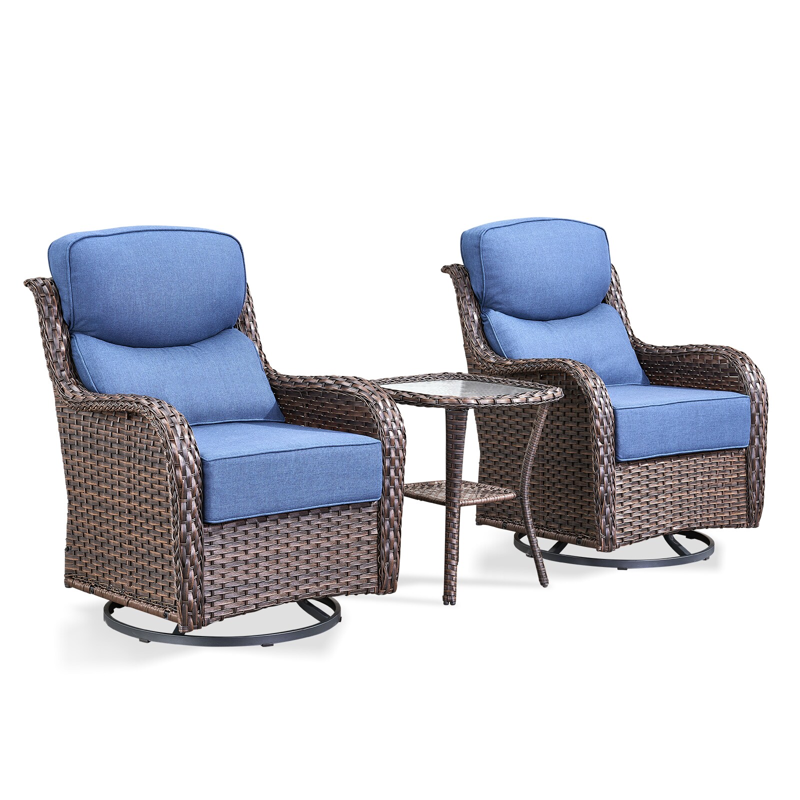 Rilyson FS035JHXL-1 Set of 2 Wicker Brown Stainless steel Frame Swivel glider Conversation Chair with Blue Cushioned Seat