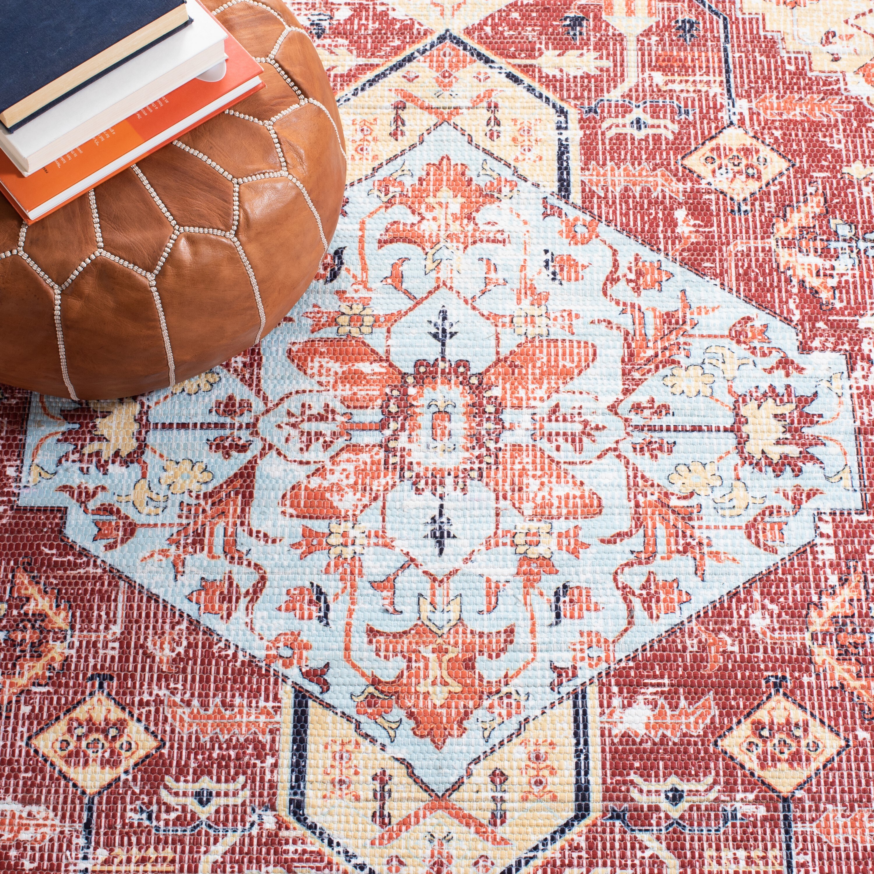 Saffron 6' x 6' Rust and Aqua Hand Loomed Cotton Area Rug