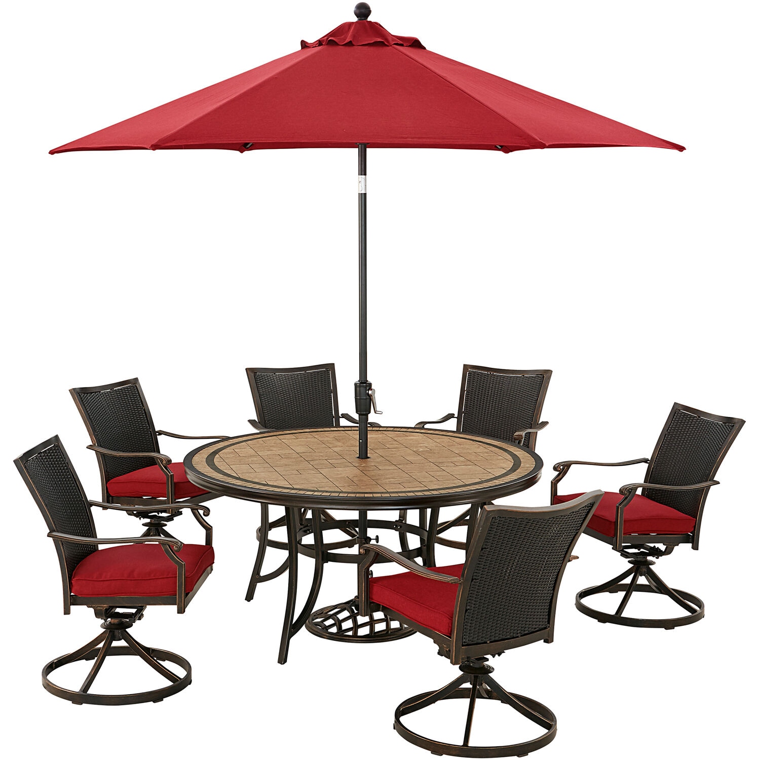 Hanover MONDNWB7PCSW6RDTLSUR Monaco 7-Piece Brown Patio Dining Set Aluminum Round Table with 6 Red Cushions Swivel Rocker Chairs
