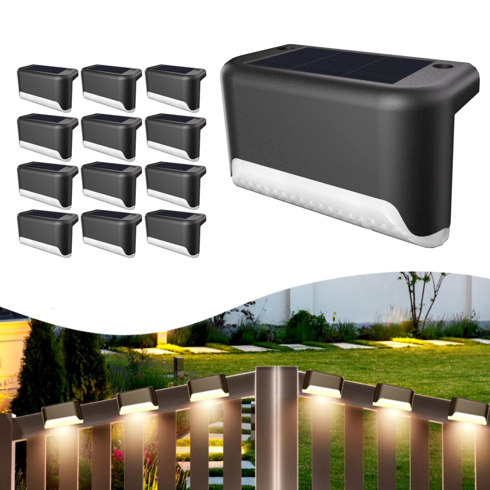 Justincity  Solar Deck Lights Outdoor 12 pcs Waterproof LED Step Lights for Stairs Fence Yard Patio Railing Garden Pathway Warm White Easy Install