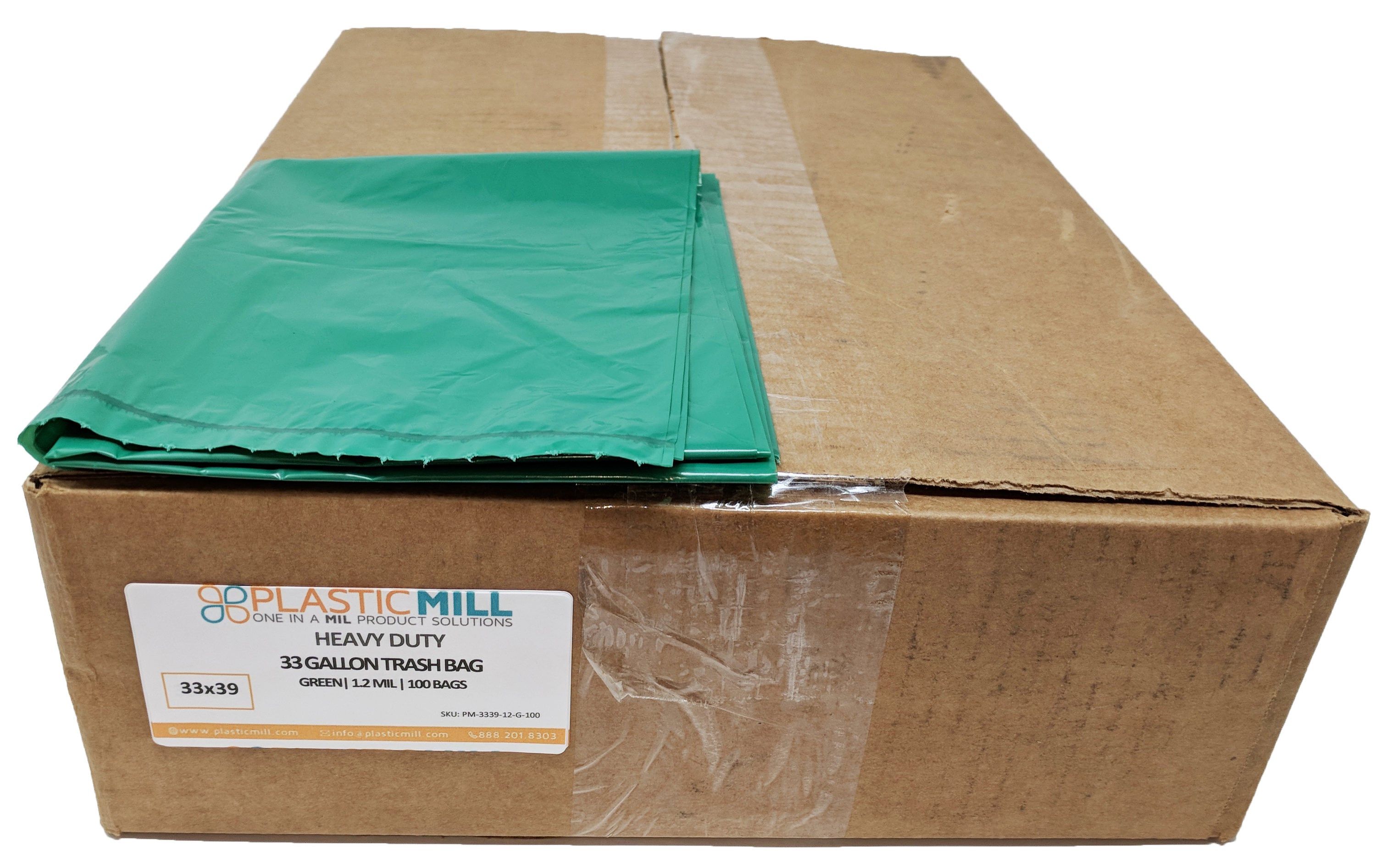 PlasticMill PM-3339-12-G-100 33-Gallons Green Outdoor Plastic Can Trash Bag 100 -Count