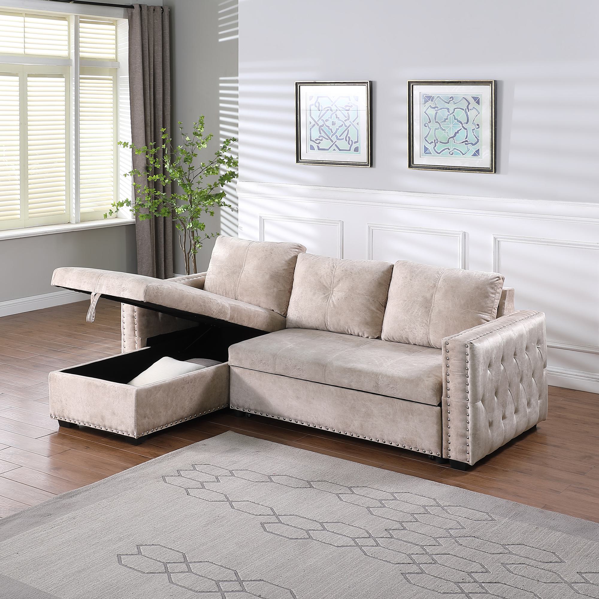 FARATI 7102-SOFA-BEIGE 91 Reversible Sectional Couch Sleeper Put Out Sofa Bed with Storage Chaise Beige
