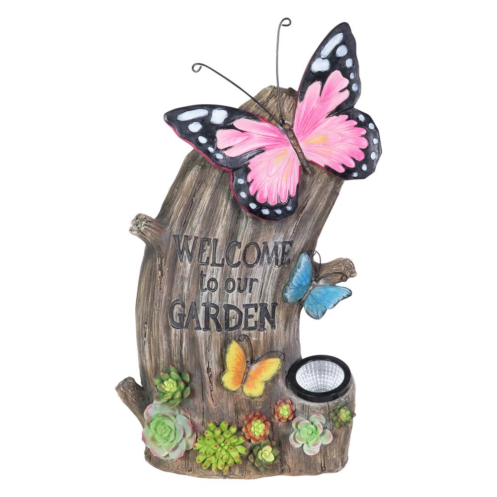 Exhart Solar Welcome Tree Stump with Butterflies and Succulents ...