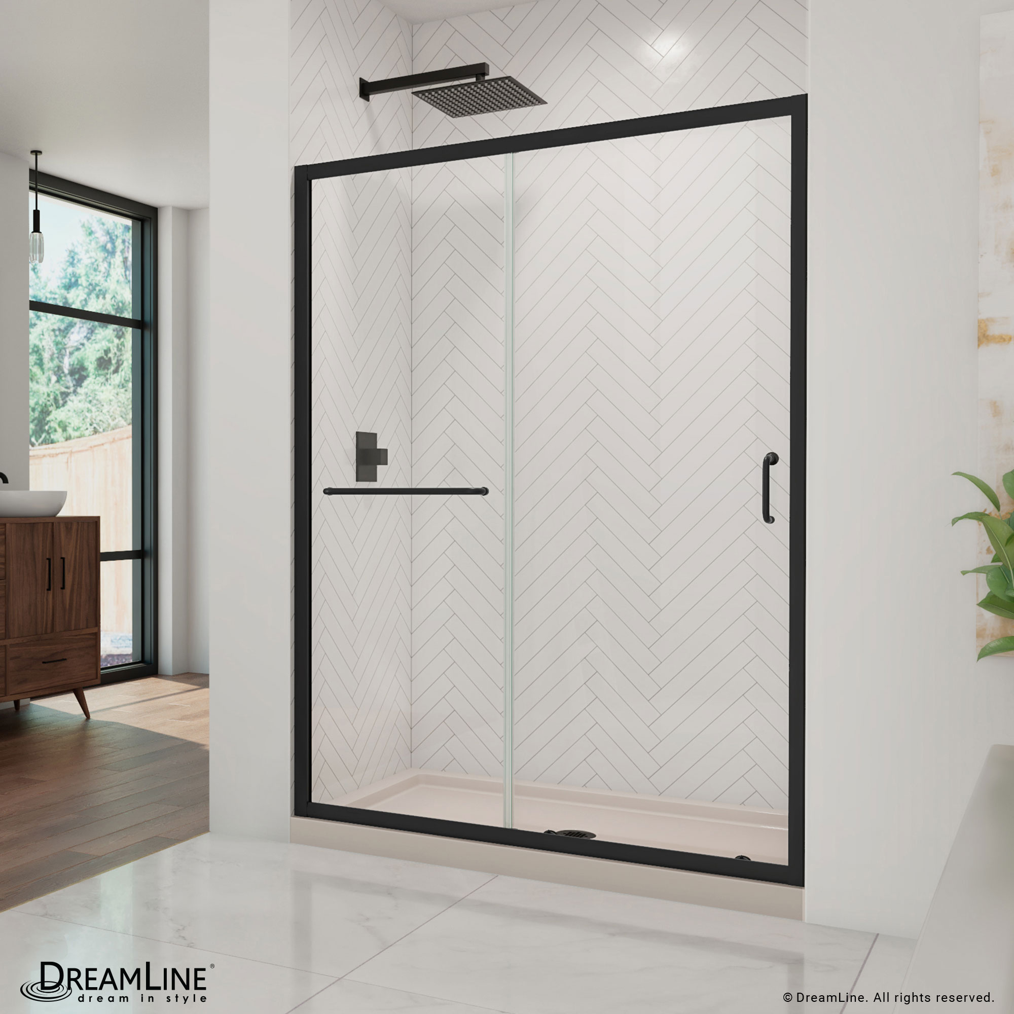 DreamLine DL-6974C-22-09 Infinity-Z 2 -Piece 54-in W x 32-in L x 75-in H Rectangular Alcove shower kit ( Center Drain) Base and Door Black Hardware Included