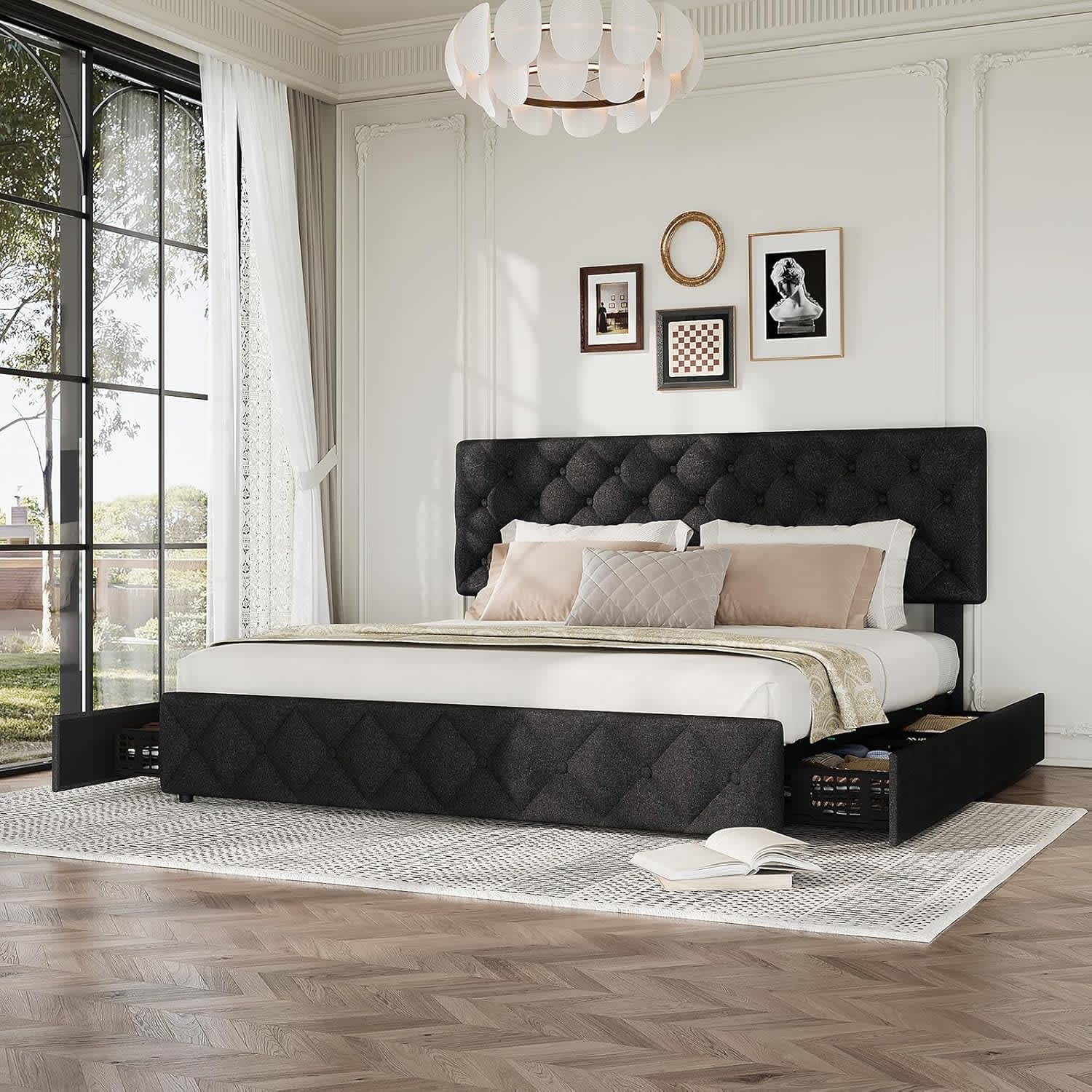 Qeetex LHF-BED-PHO-0ZIESGCL King Size Bed Frame with 4 Storage Drawers and Adjustable Headboard Linen Upholstered Platform Bed Frame Diamond Stitched Button Tufted No Box Spring Needed Black