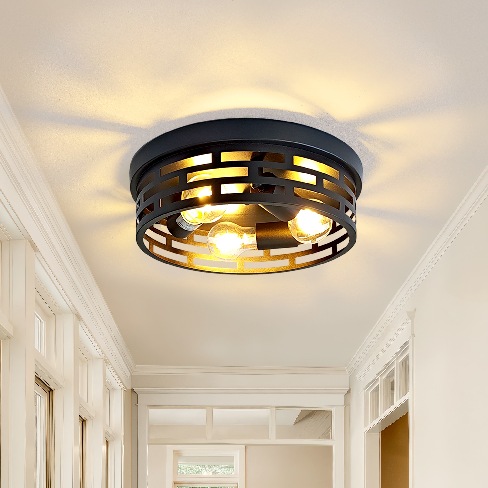 DAKAFUL 12.6 in. 3-lights Matte Black Industrial Farmhouse Flush Mount Ceiling Light Fixtures With Cage-style Metal Frame