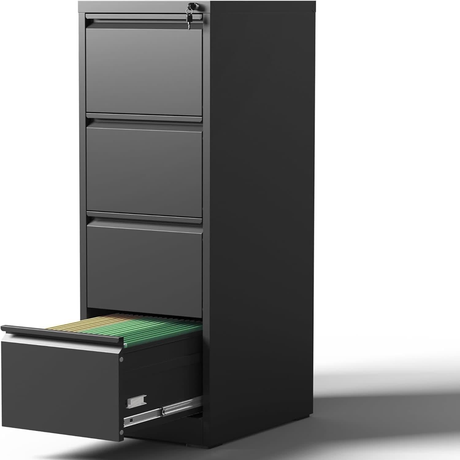 Qeetex LSHQQPTH-334KCJGU 3 Drawer File Cabinet with Lock  Black Metal File Cabinet  Black