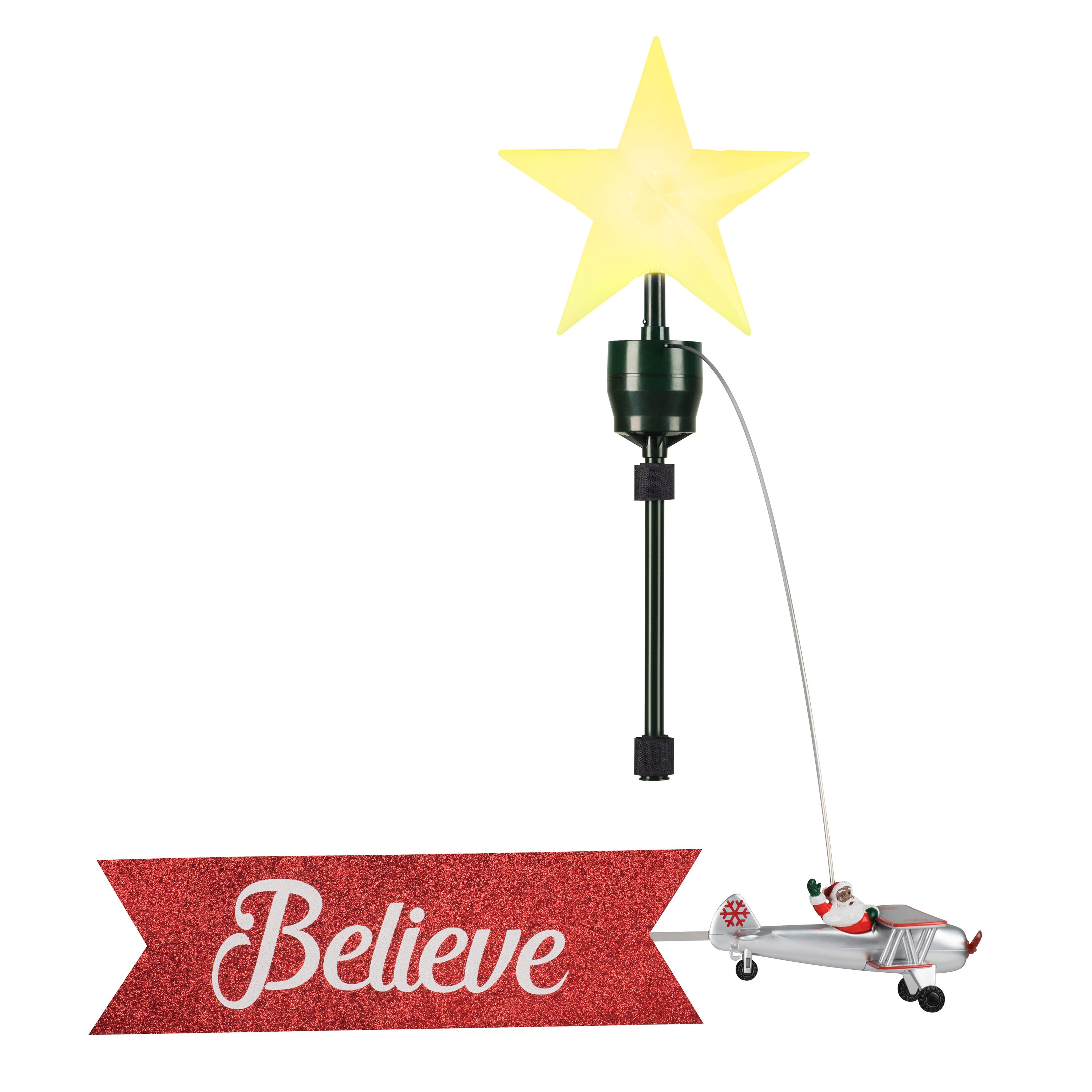 Animated Biplane Tree Topper with LED Star and Banner