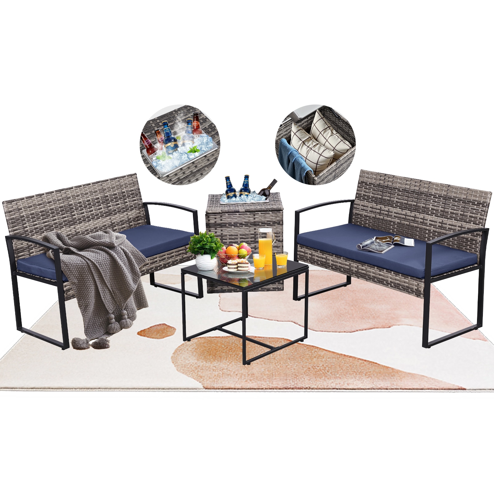 EarlGrove LS-SJT002BRBL 4 -Piece Wicker Patio Conversation Set with Blue Cushions