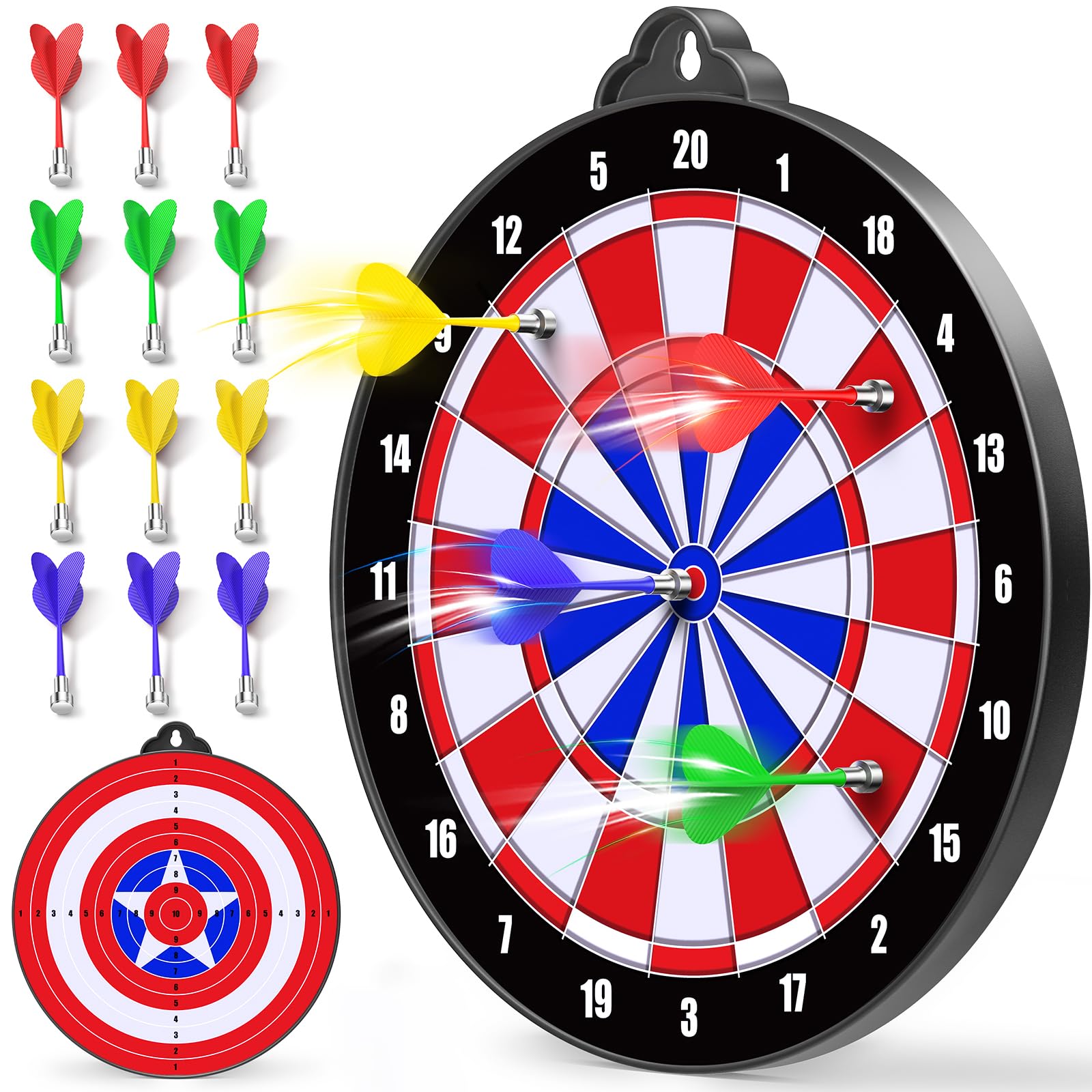 Adrinfly - Magnetic Dart Board for Kids Double Sided 14 Inch Target Game with 12 Safe Darts Indo...