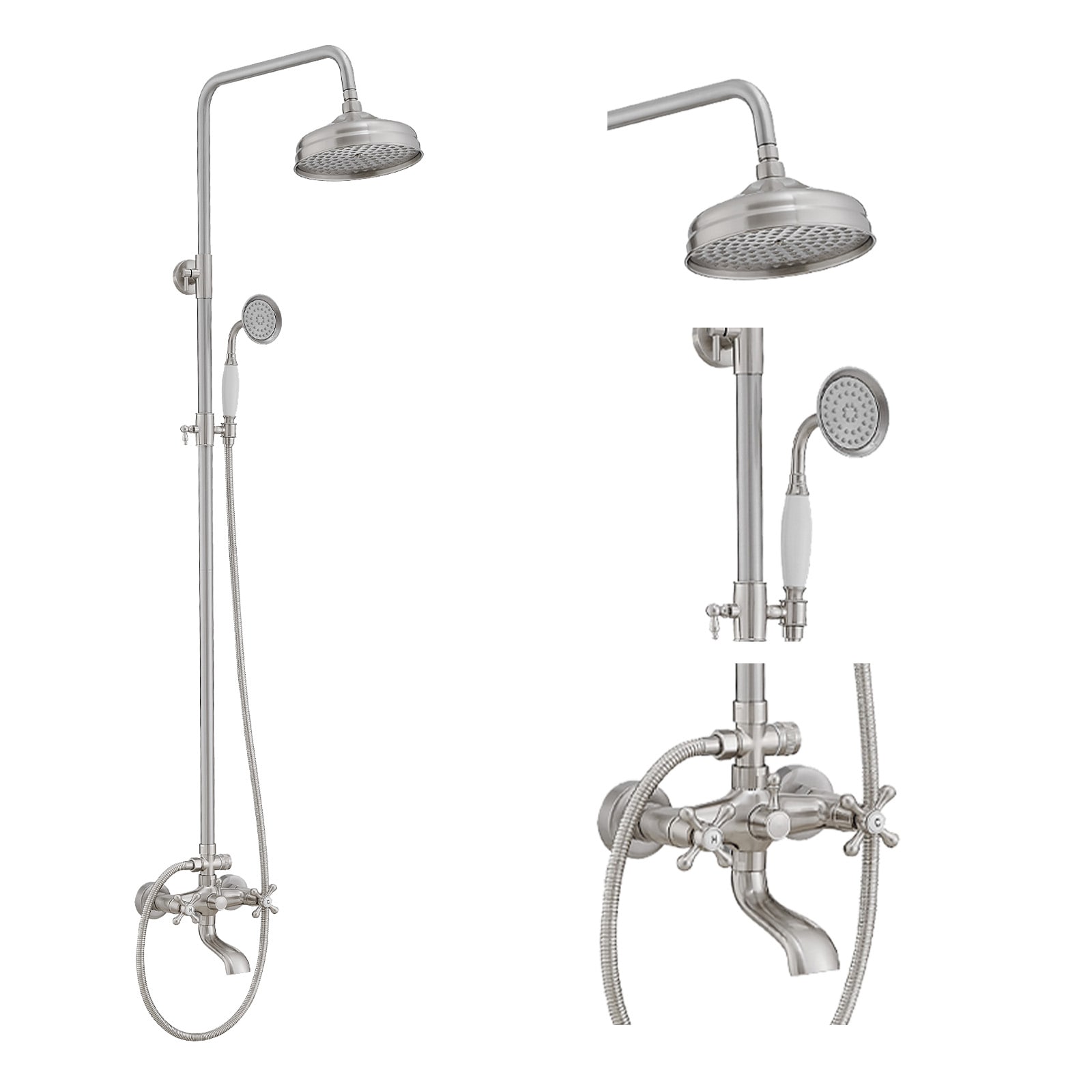 BWE A-98016-N Brushed Nickel 7.8 Waterfall Dual Head Shower Faucet Bar System with 2-way Diverter ( Ceramic Disc Valve Included )