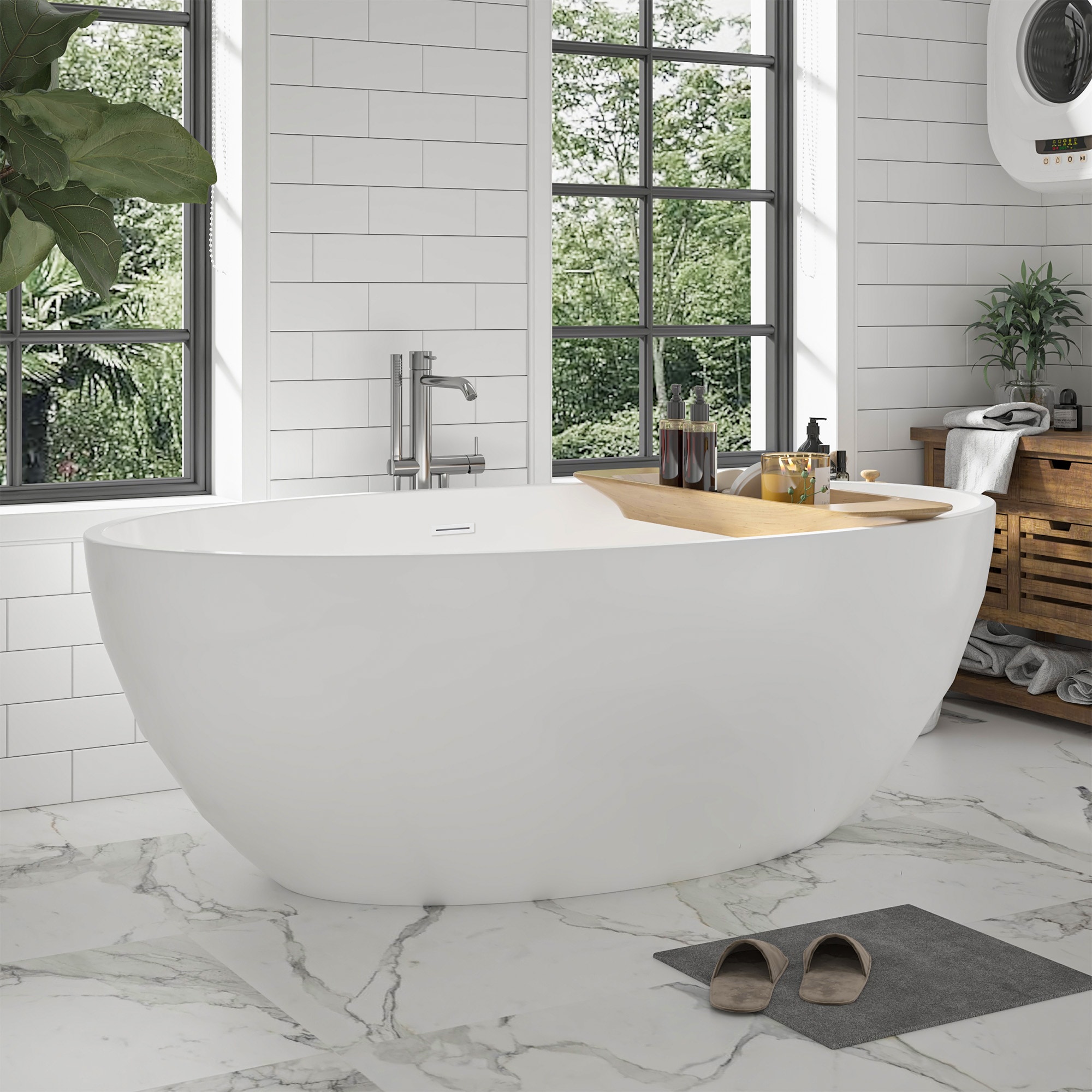 Vanity Art VA6834-L-PW 39.8-in x 69-in Pure White Acrylic Oval Freestanding Soaking bathtub ( Center Drain )