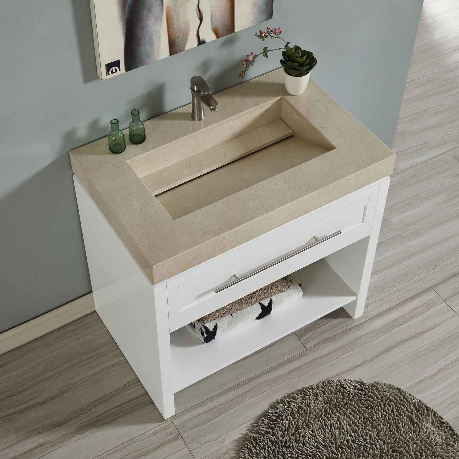 Silkroad Exclusive 36 In White Single Sink Bathroom Vanity With Crema Marfil Natural Marble Top