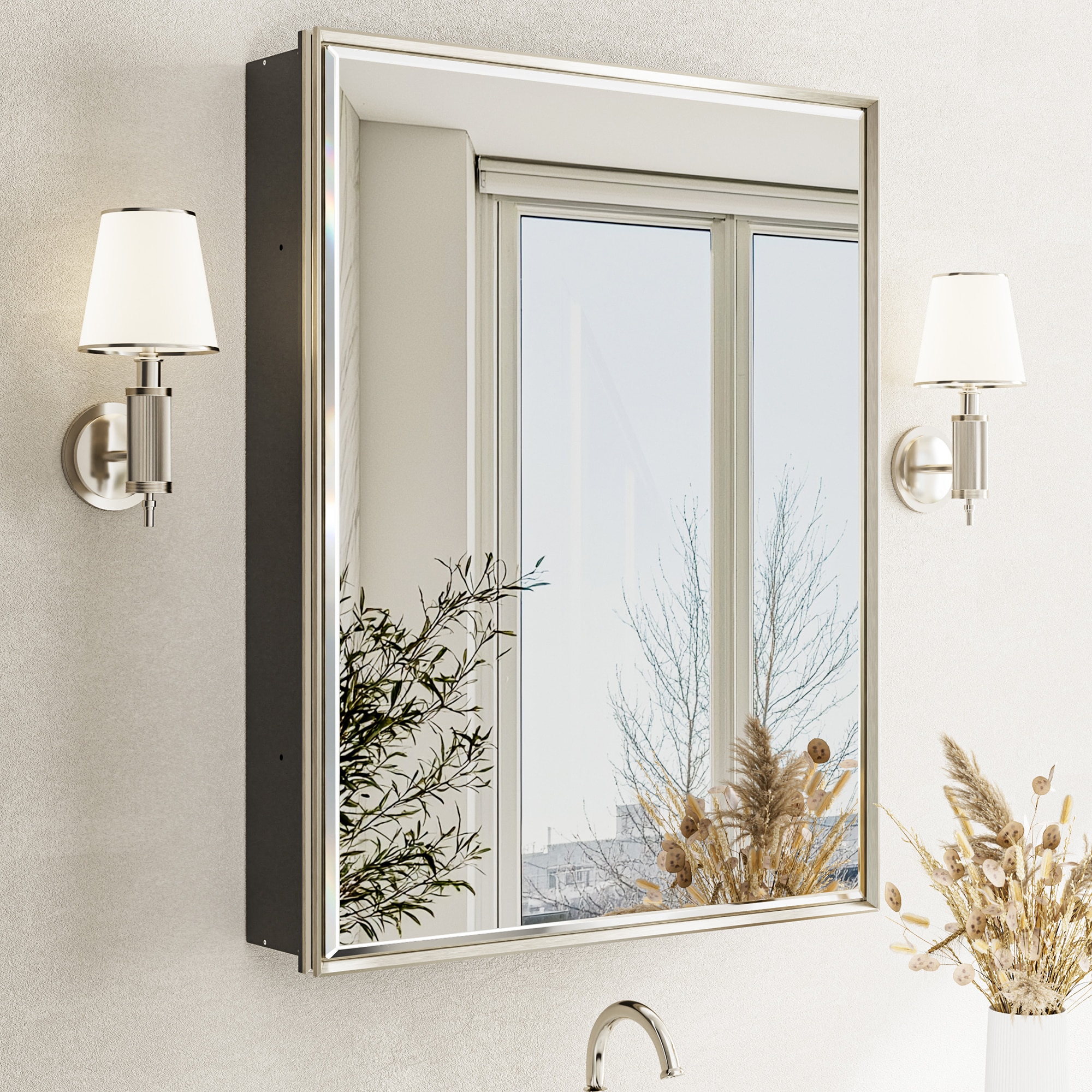 QueenFun MCBB2430BN Medicine Cabinets Mirrors 24-in x 30-in Surface/Recessed Mount Brushed Nickel Mirrored Rectangle Soft Close Medicine Cabinet