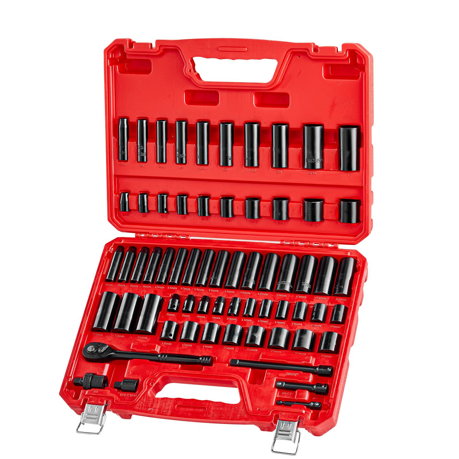 Slickblue 64-Piece Metric SAE 3/8-in Drive 5/16-in to 24mm 6-Point Deep Shallow Impact Socket Set Ratchet and Extensions with Carrying Case