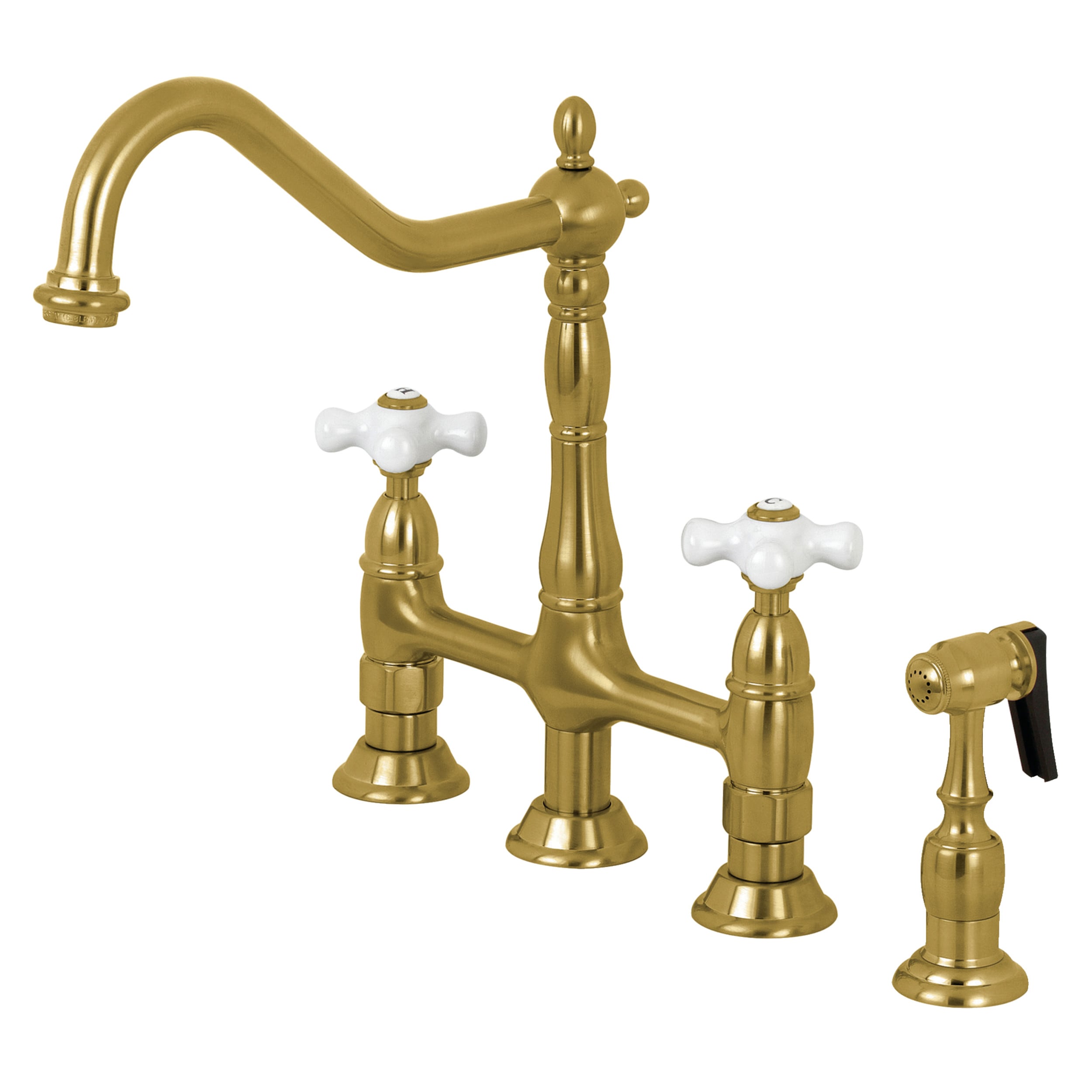 Heritage Brushed Brass Double Handle Bridge Kitchen Faucet with Side Sprayer