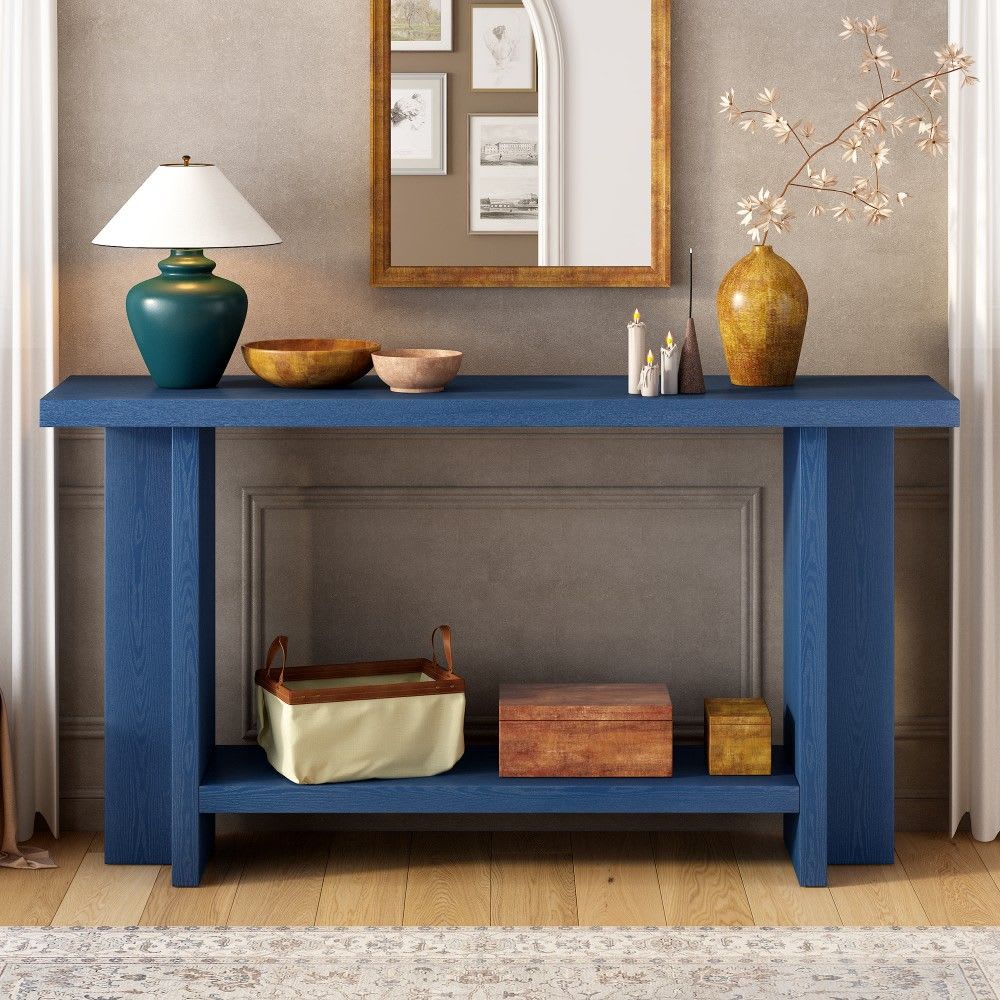 Coolbibila ZANE-CONSOLE-BLUE Blue Ash Veneer Console Table Rectangular Vintage T Leg Design Entryway Table for Living Room Foyer