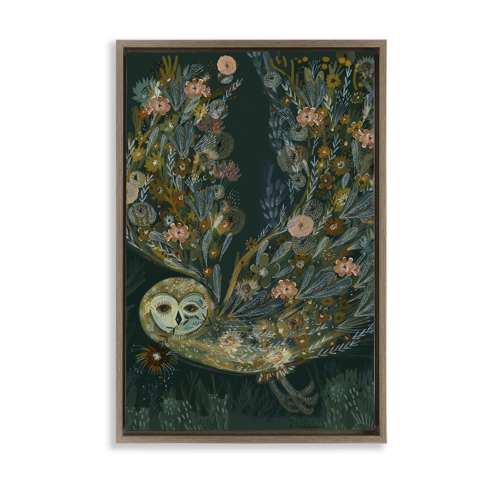 Stupell Industries BS-600-FFE-20X30 Floral Folk Barn Owl Brown Framed Floater Canvas Wall Art By Kay Widdowson 21 x 31