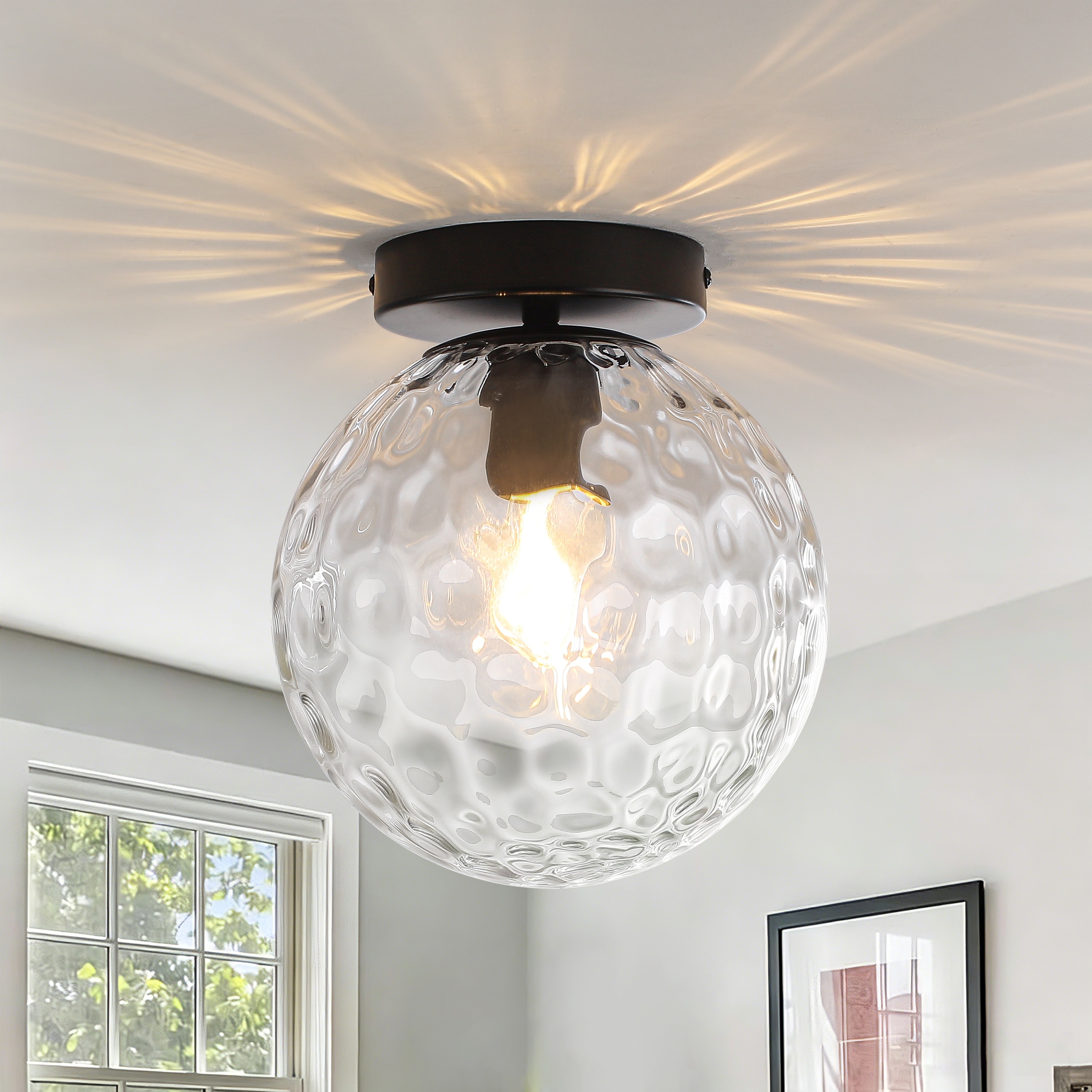 GZJunYo 1-Light 7.87-in Matte Black Indoor Semi-Flush Mount Light with Hammered Glass