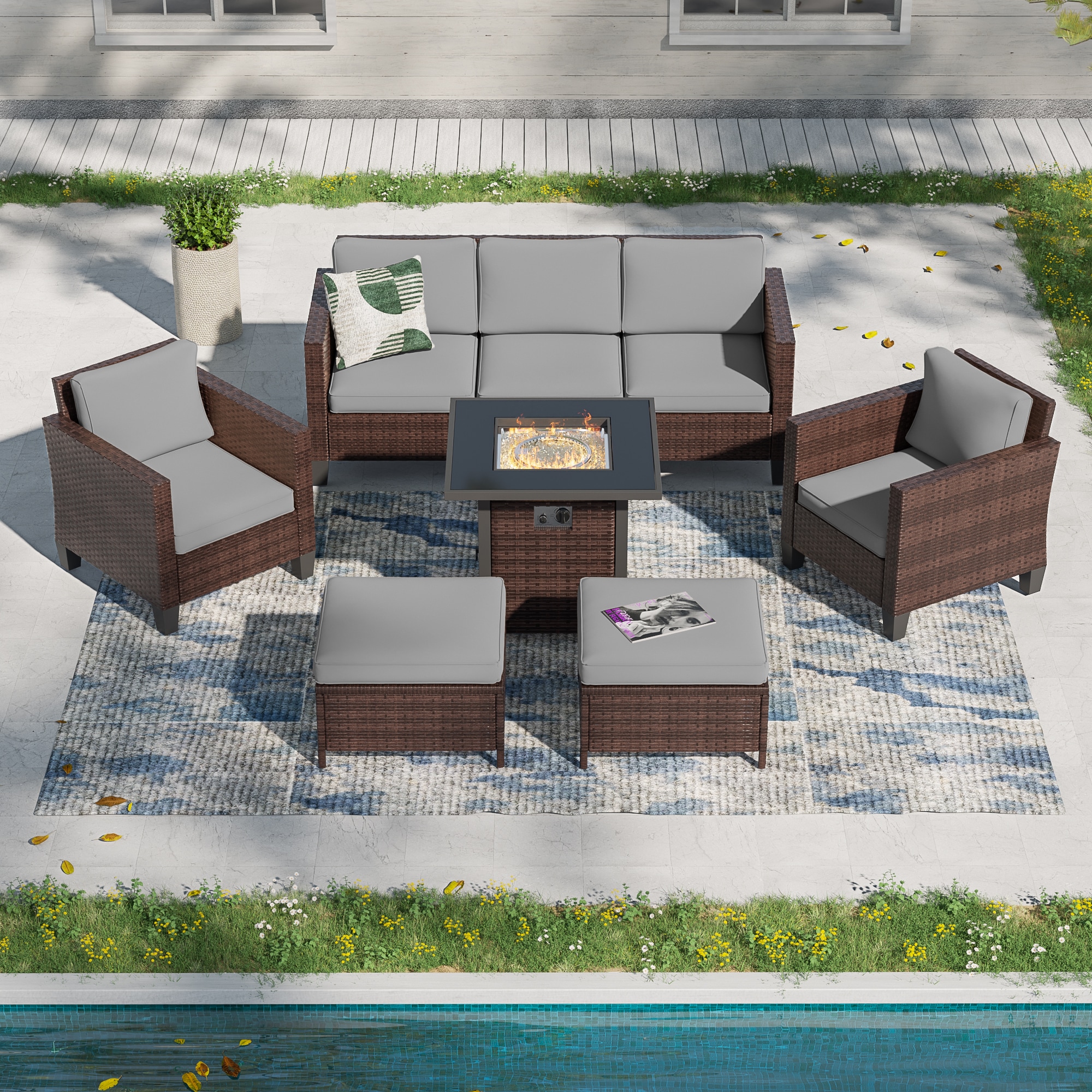 ACEGOSES LW-115BGY-T4 Skytop 6 -Piece Wicker Patio Sofa Conversation Set with Gray Cushions