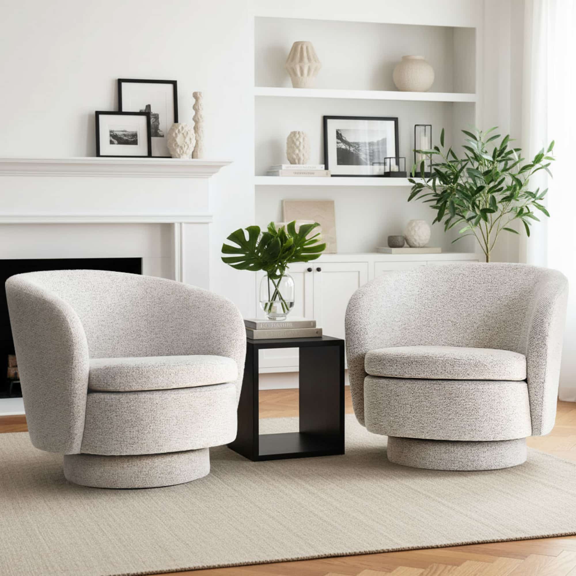 Maison Boucle Set of 2 Modern Beige Chenille Swivel Barrel Accent Chairs with 360 Degree Rotation for Living Room