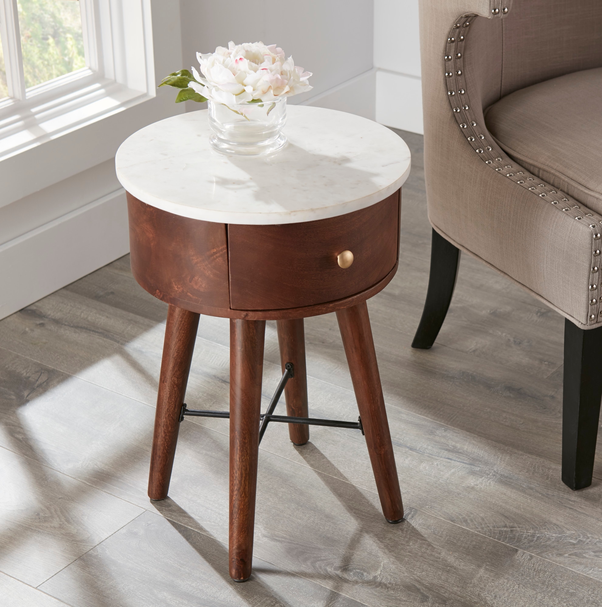 Bangalore 16" Brown Wood and White Marble Round End Table with Storage