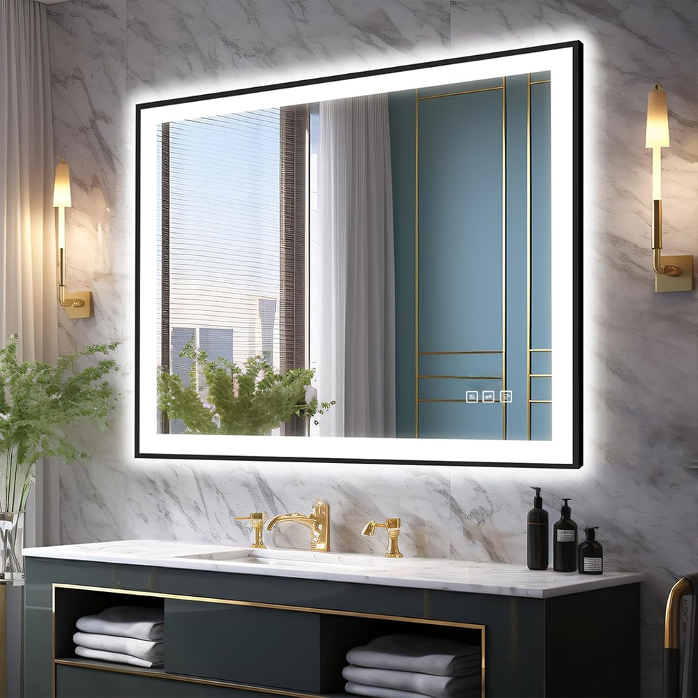 waterpar WPLO-2231 BacklitFrontlit Aluminum 40-Inches x 32-Inches Framed Rectangle Dimmable LED Lighted Fog Free Bathroom Vanity Mirror ( Matte Black )