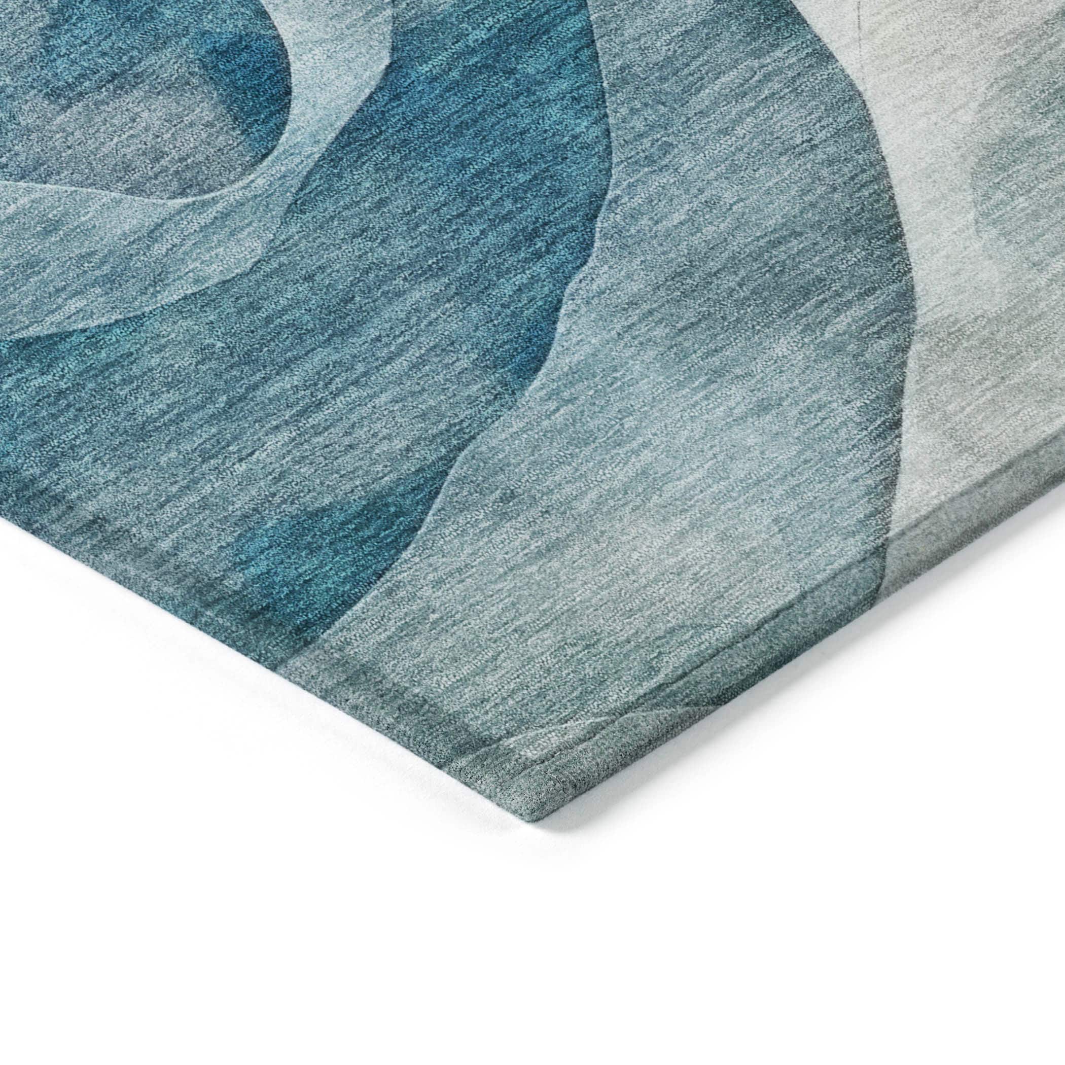 Teal and Beige Synthetic Wave Pattern Washable Runner Rug