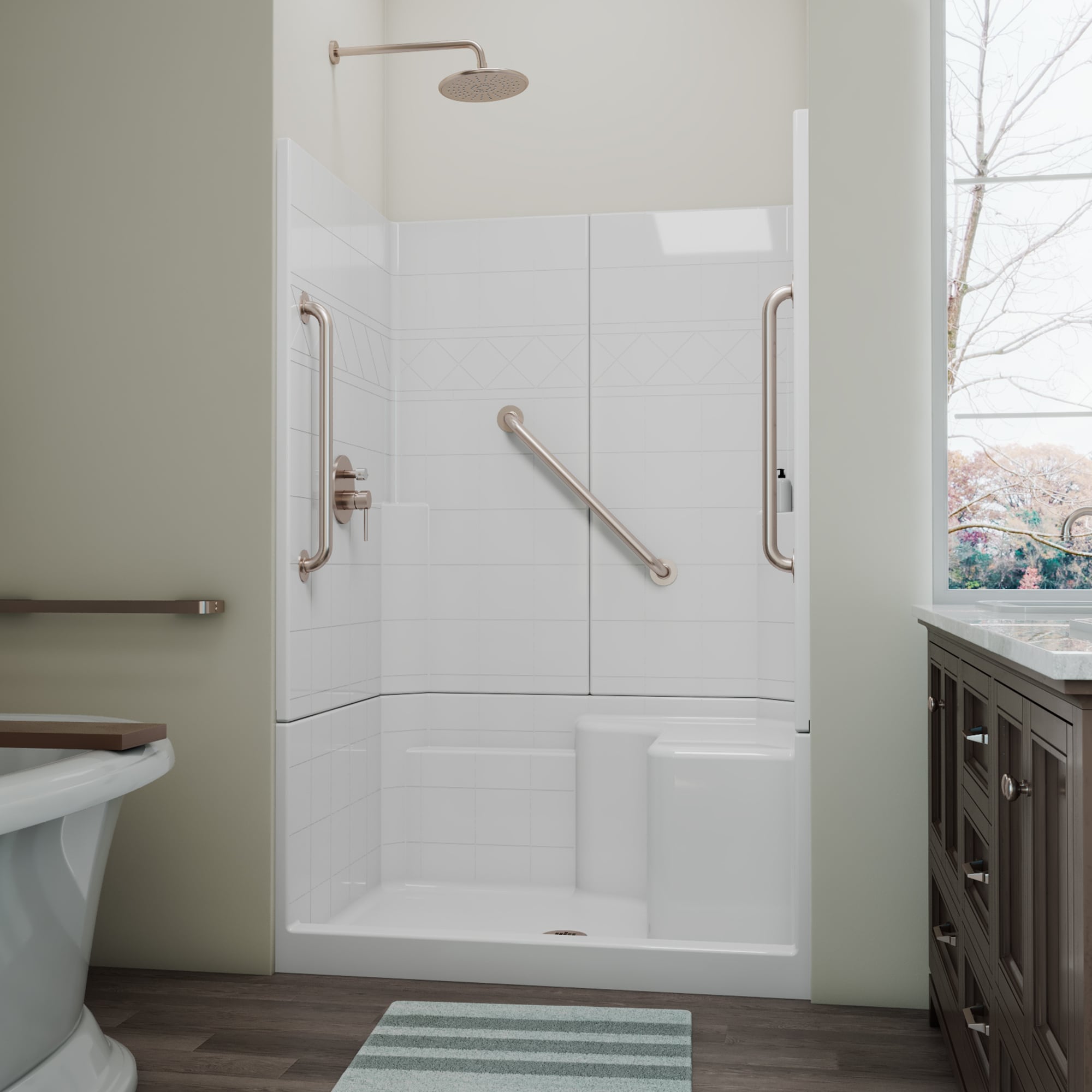 Laurel Mountain LM3648SH1S3PR064 Spencer 3 -Piece 36-in W x 48-in L x 80-in H Rectangular Alcove shower kit ( Center Drain) with Integrated Seat Base and Wall Included and Drain Included Brushed stainless steel Hardware Included