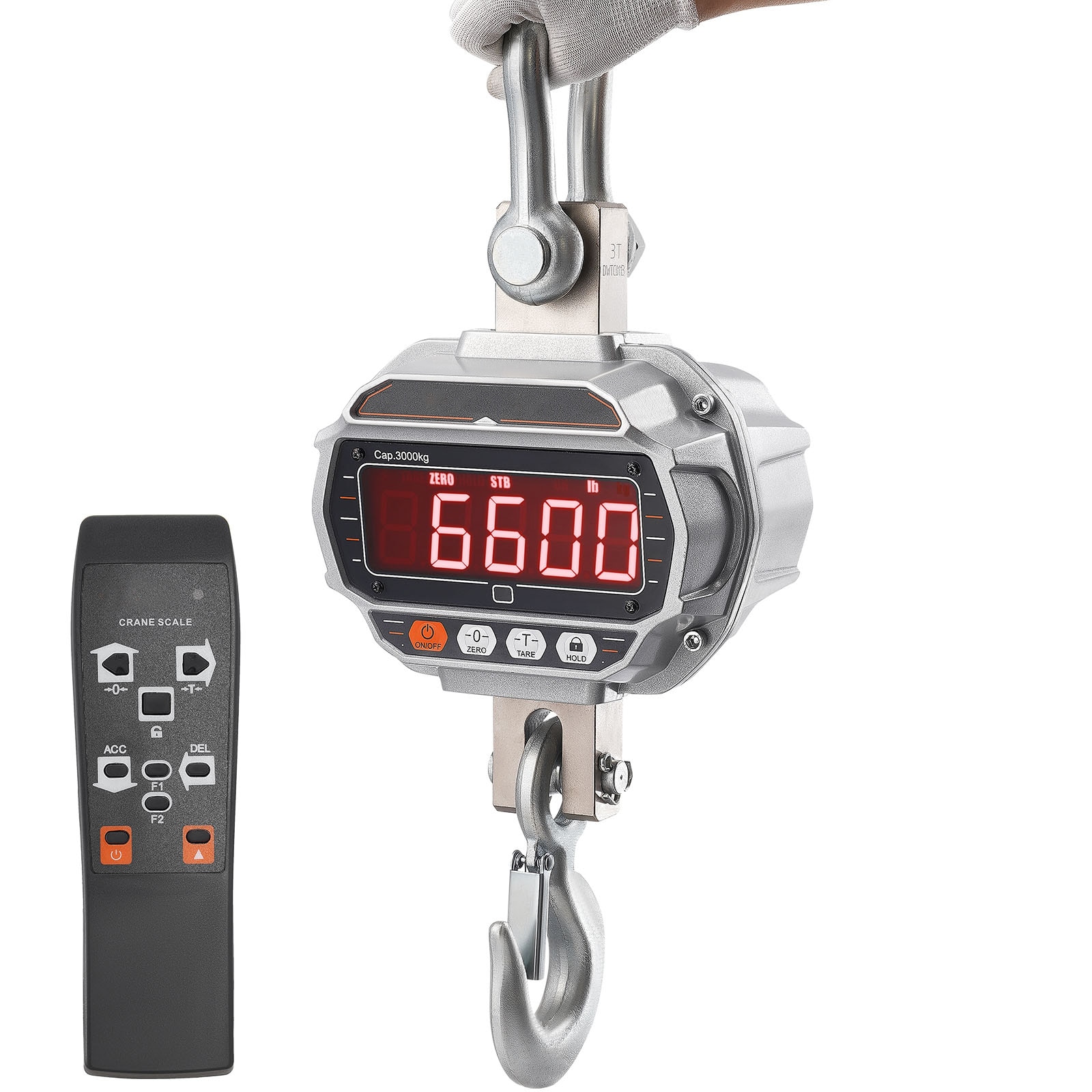 VEVOR SCZXDCZX100003088V1 Digital Crane Scale  6600 lbs/3000 kg  Industrial Heavy Duty Hanging Scale with Remote Control  Cast Aluminum Case and LED Screen  High Precision for Construction  Factory  Farm  Hunting (Silver)