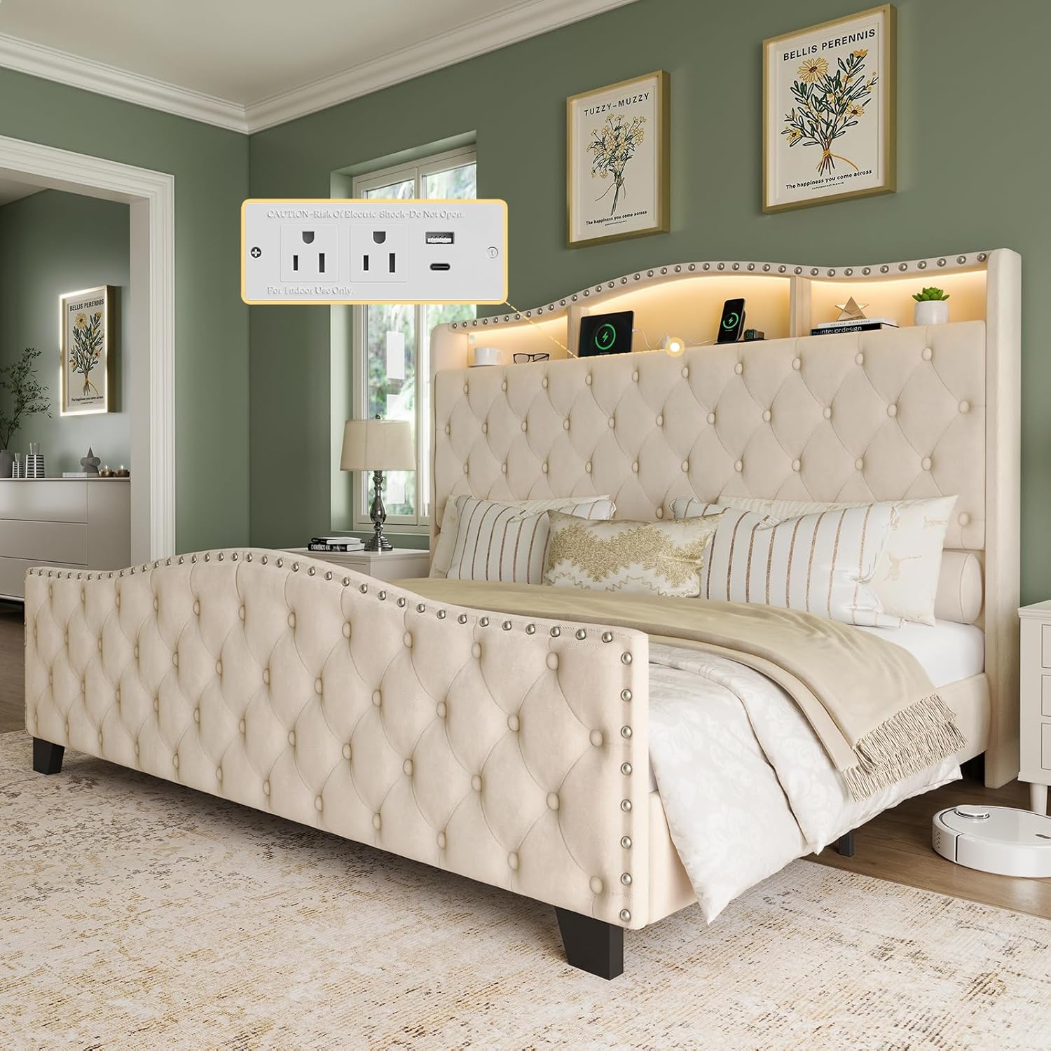 Belffin E08-A01030H Upholstered Bed Frame King - Tufted Headboard with LED Lighting and Outlet (Beige)