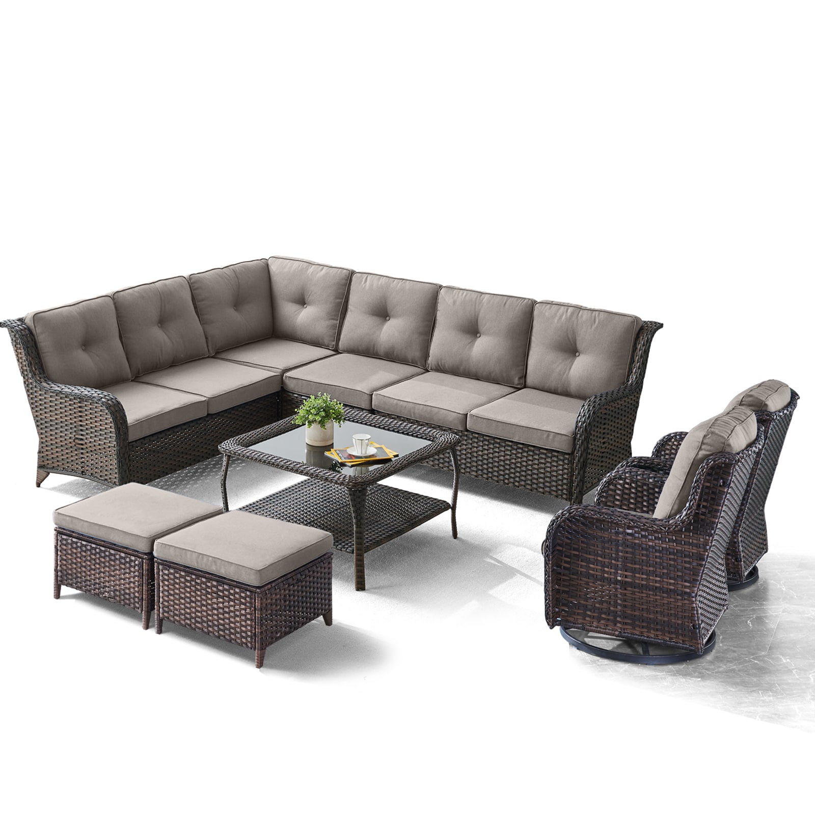 Rilyson FS545658601423-3 Curved armrest 9 -Piece Wicker Patio Conversation Set with Gray Cushions